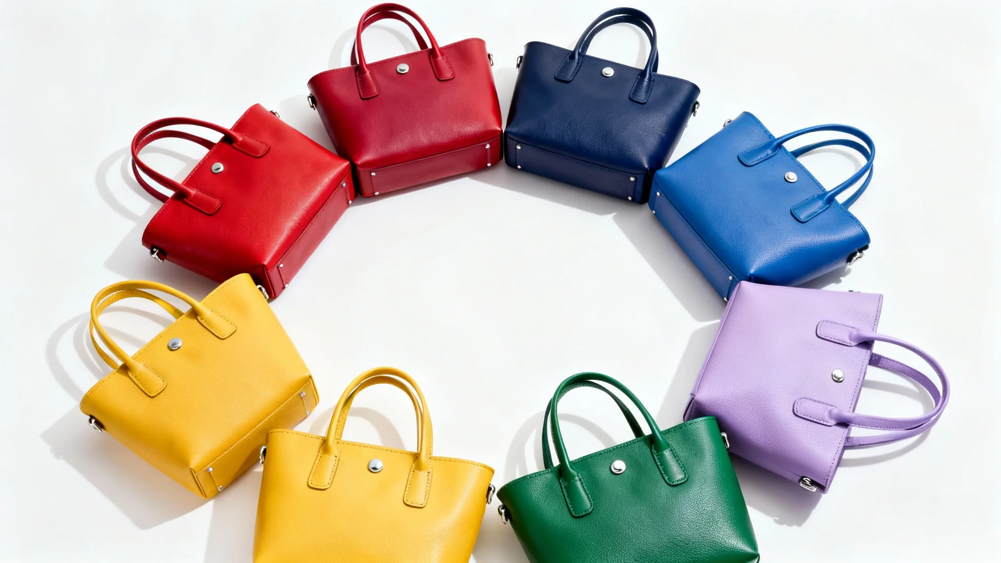 A flat lay image from above showing five identical leather handbags arranged in an arc on a white background, each a different color to form a rainbow.