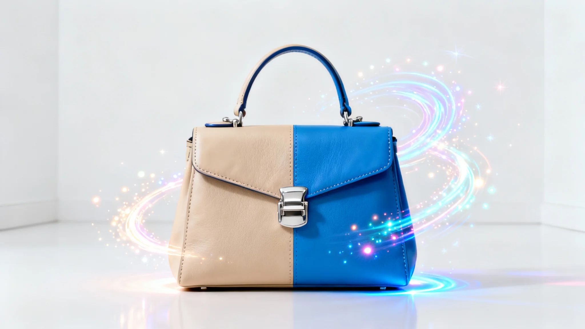 A chic leather handbag shown against a white background, with one half in a neutral beige and the other half transforming into a vibrant blue, visualizing a color-changing feature.
