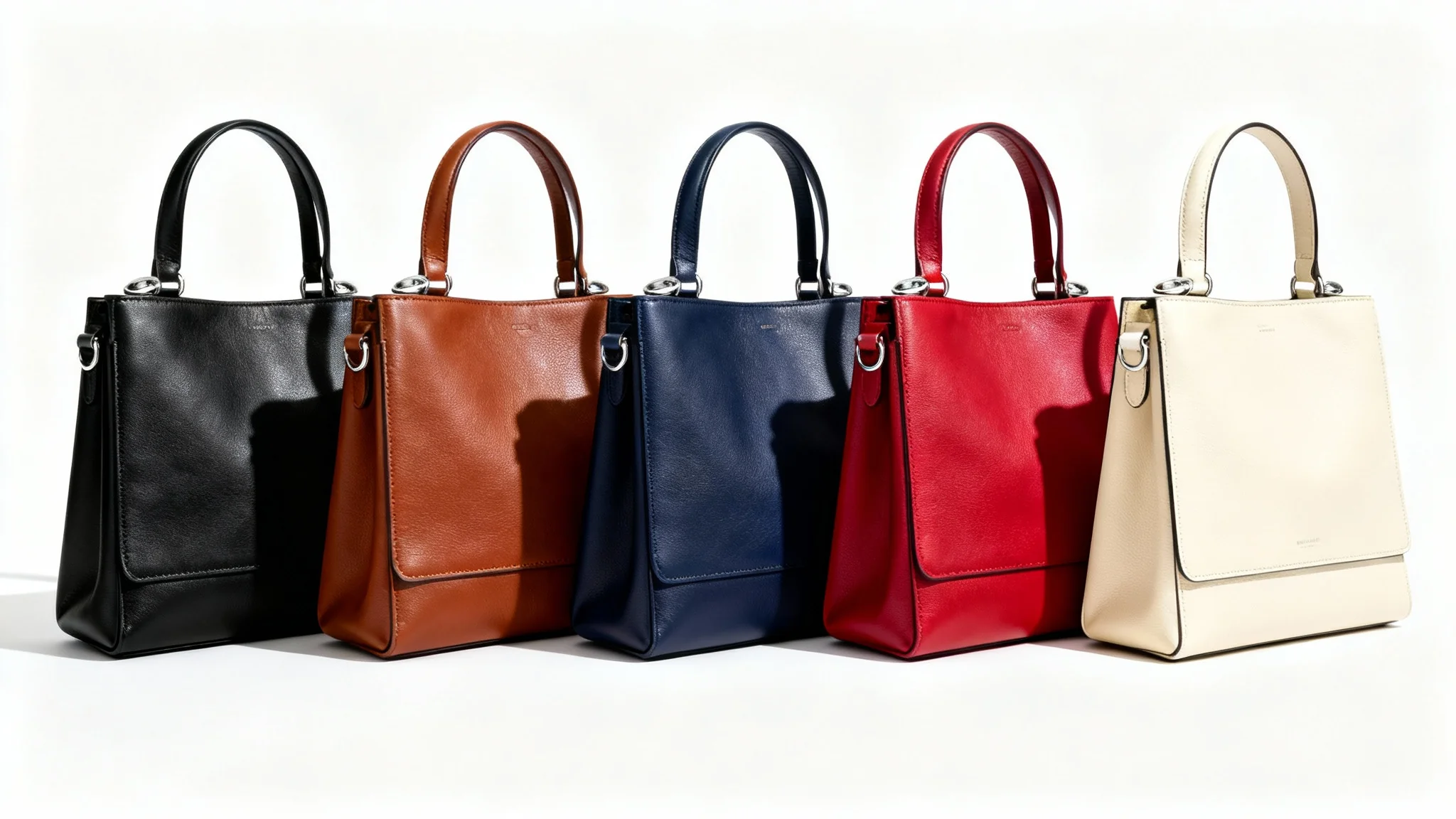 A row of five identical, minimalist leather handbags, each in a different color, black, brown, blue, red, and cream, arranged against a clean white background to illustrate a color-changing capability.