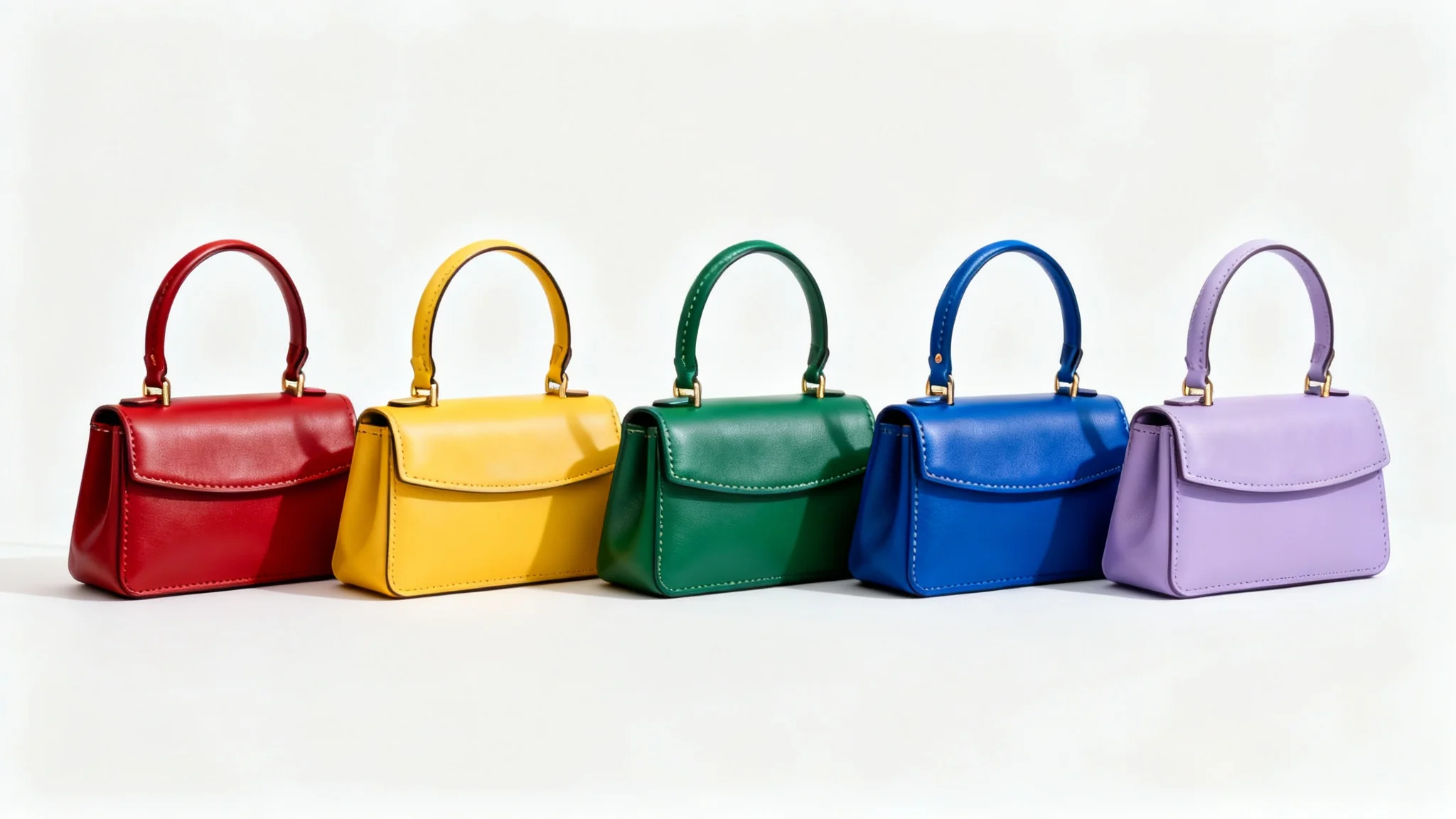 A row of five identical, elegant leather handbags, each in a different vibrant color, lined up against a plain white background to illustrate a color-changing feature.