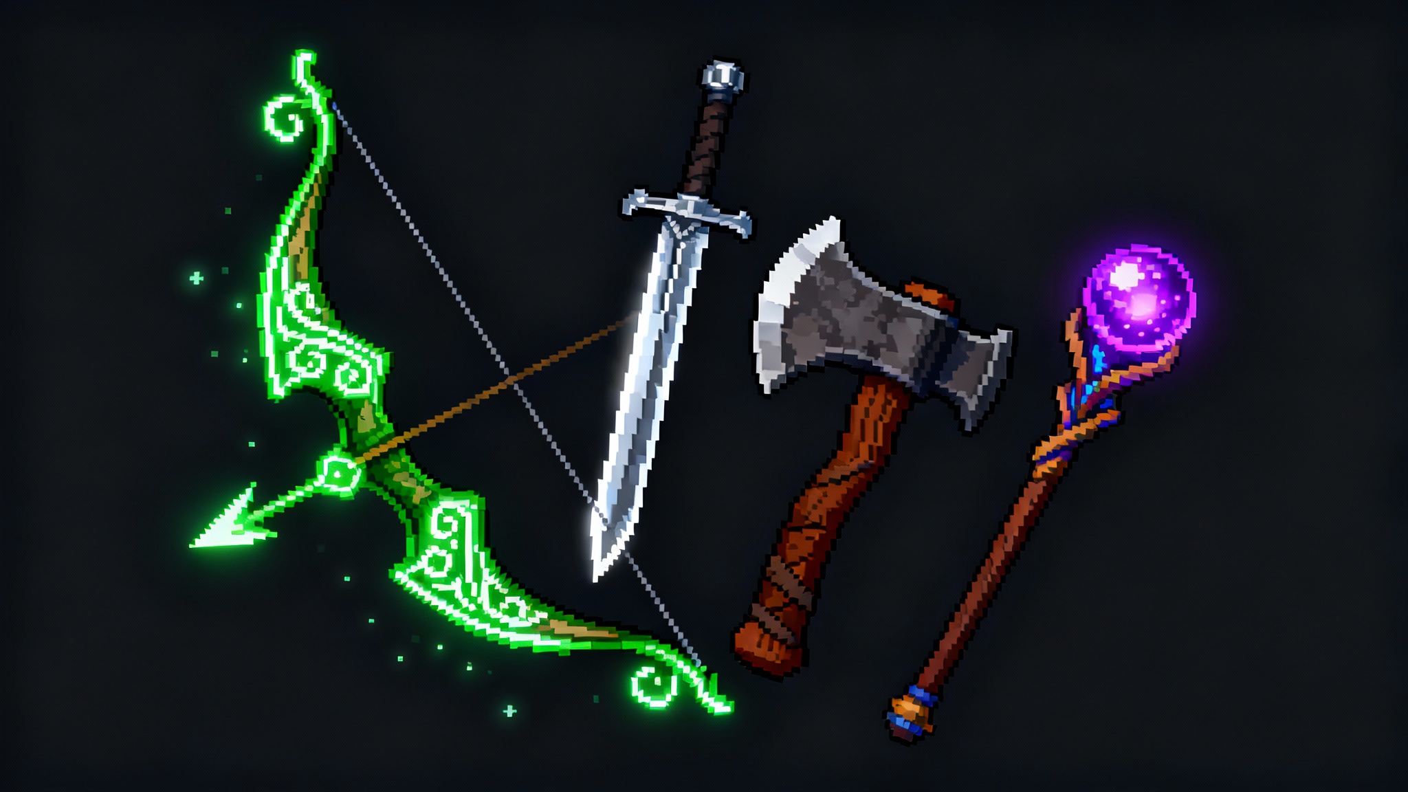 A vibrant, 16-bit pixel art splash screen showcasing an array of fantasy weapons against a dark background. Featured are a glowing green bow, a shimmering silver dagger, a sturdy brown axe, and a magical staff with a purple orb.