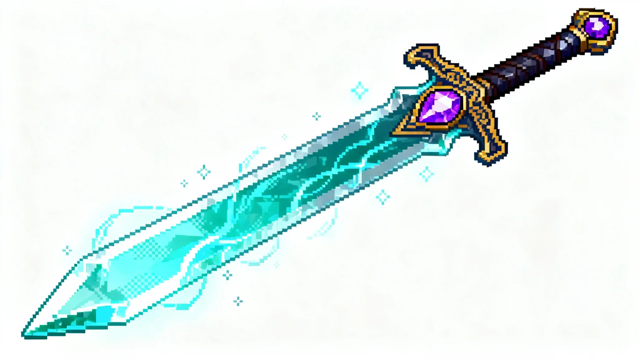 A detailed pixel art illustration of a glowing blue crystal greatsword with a decorative hilt, floating against a plain white background.