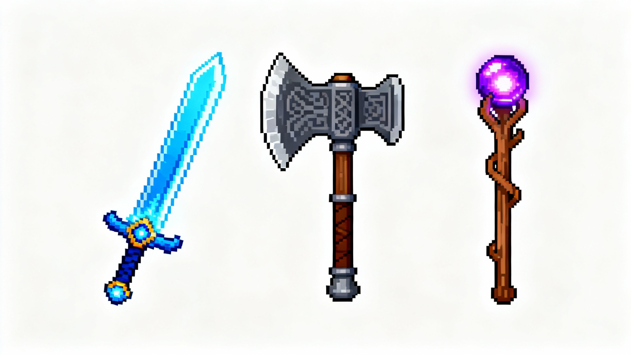 A set of three detailed pixel art weapons, including a sword, axe, and staff, floating against a clean white background.