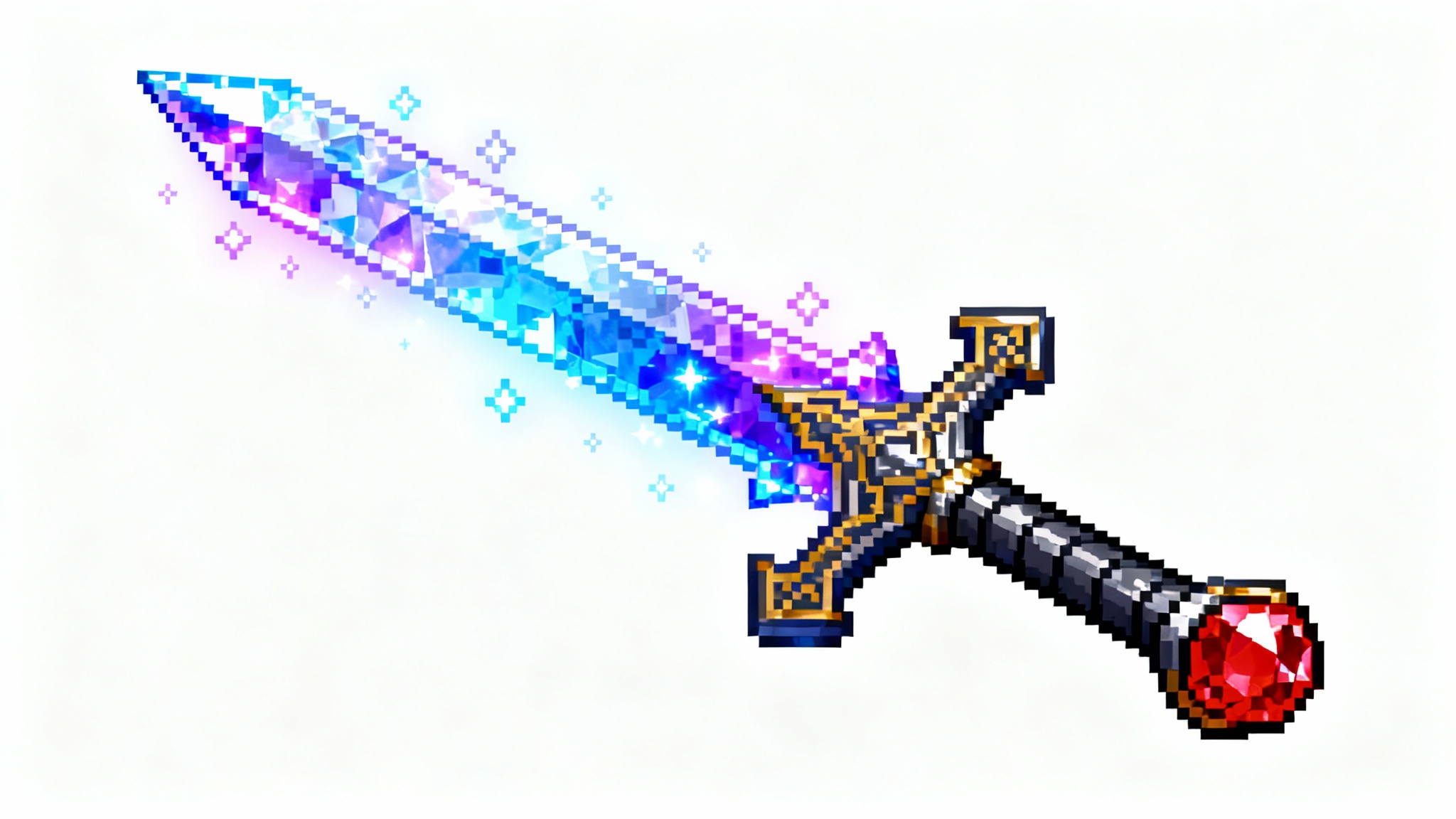 A detailed 16-bit pixel art illustration of a magical crystal greatsword with an ornate dark metal hilt, glowing with blue and purple light against a plain white background.