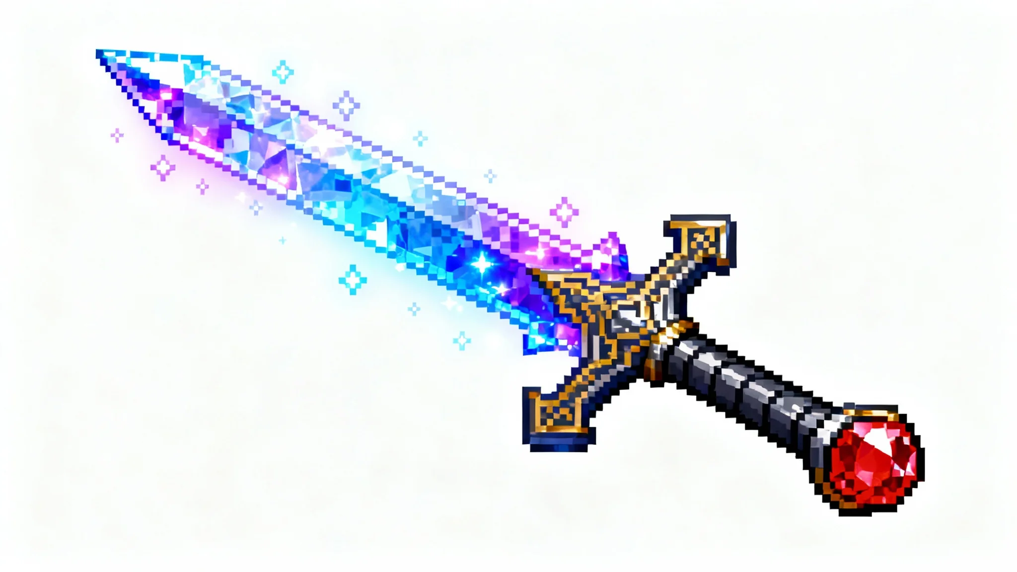 A detailed 16-bit pixel art illustration of a magical crystal greatsword with an ornate dark metal hilt, glowing with blue and purple light against a plain white background.