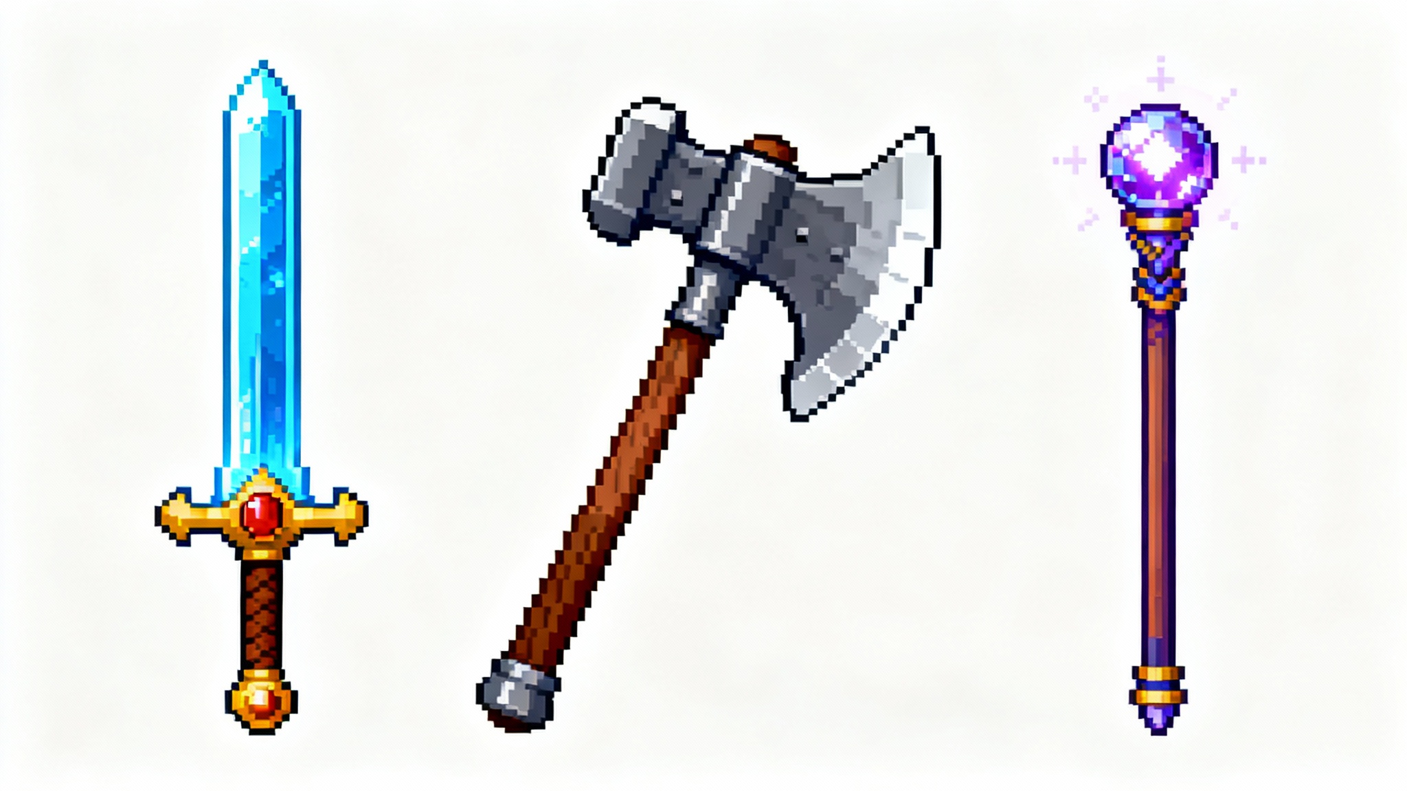 Three detailed pixel art weapons, a glowing sword, a battle axe, and a magic staff, displayed side-by-side against a white background, in a 16-bit retro style.