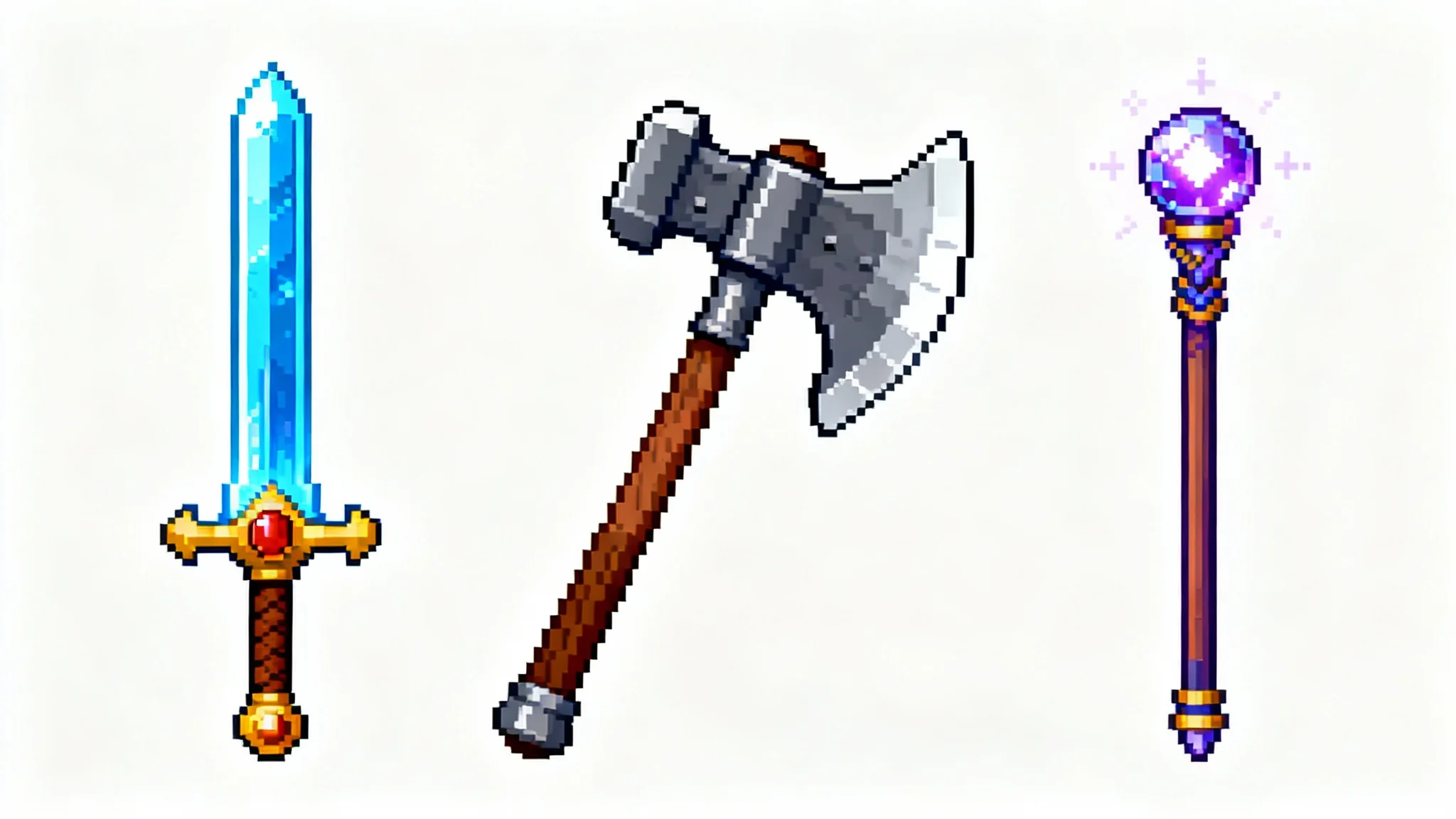 Three detailed pixel art weapons, a glowing sword, a battle axe, and a magic staff, displayed side-by-side against a white background, in a 16-bit retro style.