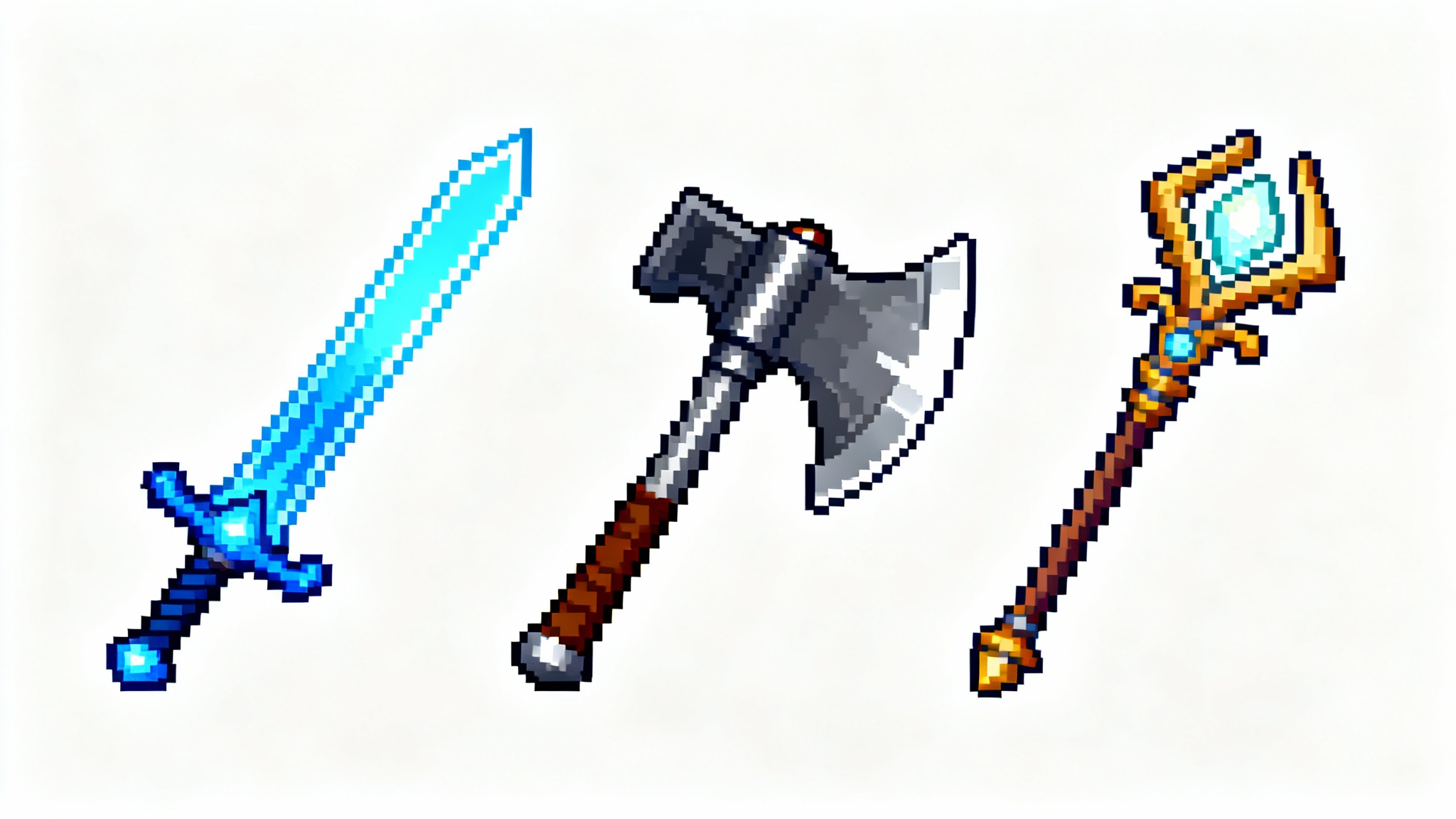 A row of three pixel art weapons on a white background: a glowing sword, a battle axe, and a staff with a glowing crystal.