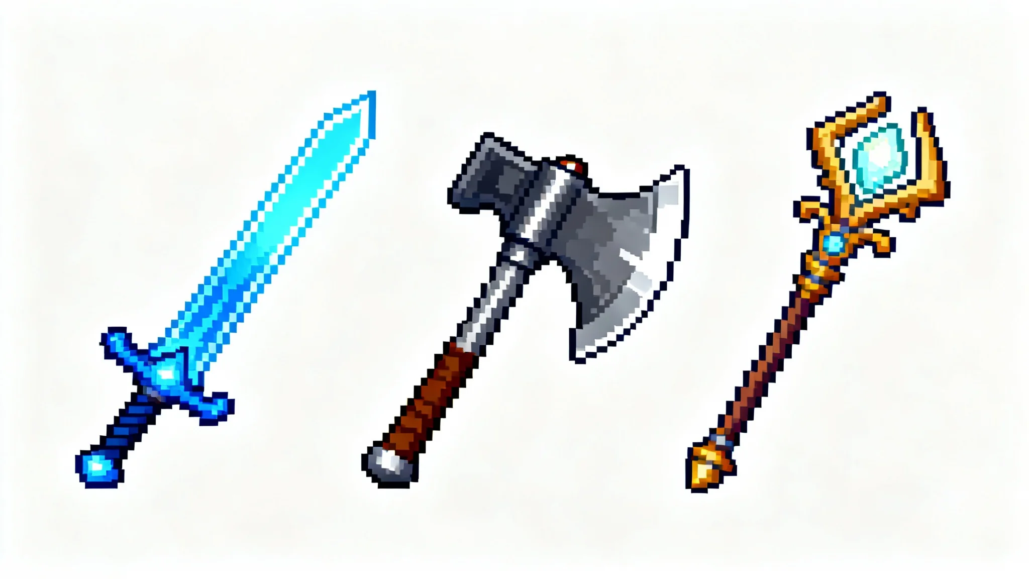 A row of three pixel art weapons on a white background: a glowing sword, a battle axe, and a staff with a glowing crystal.