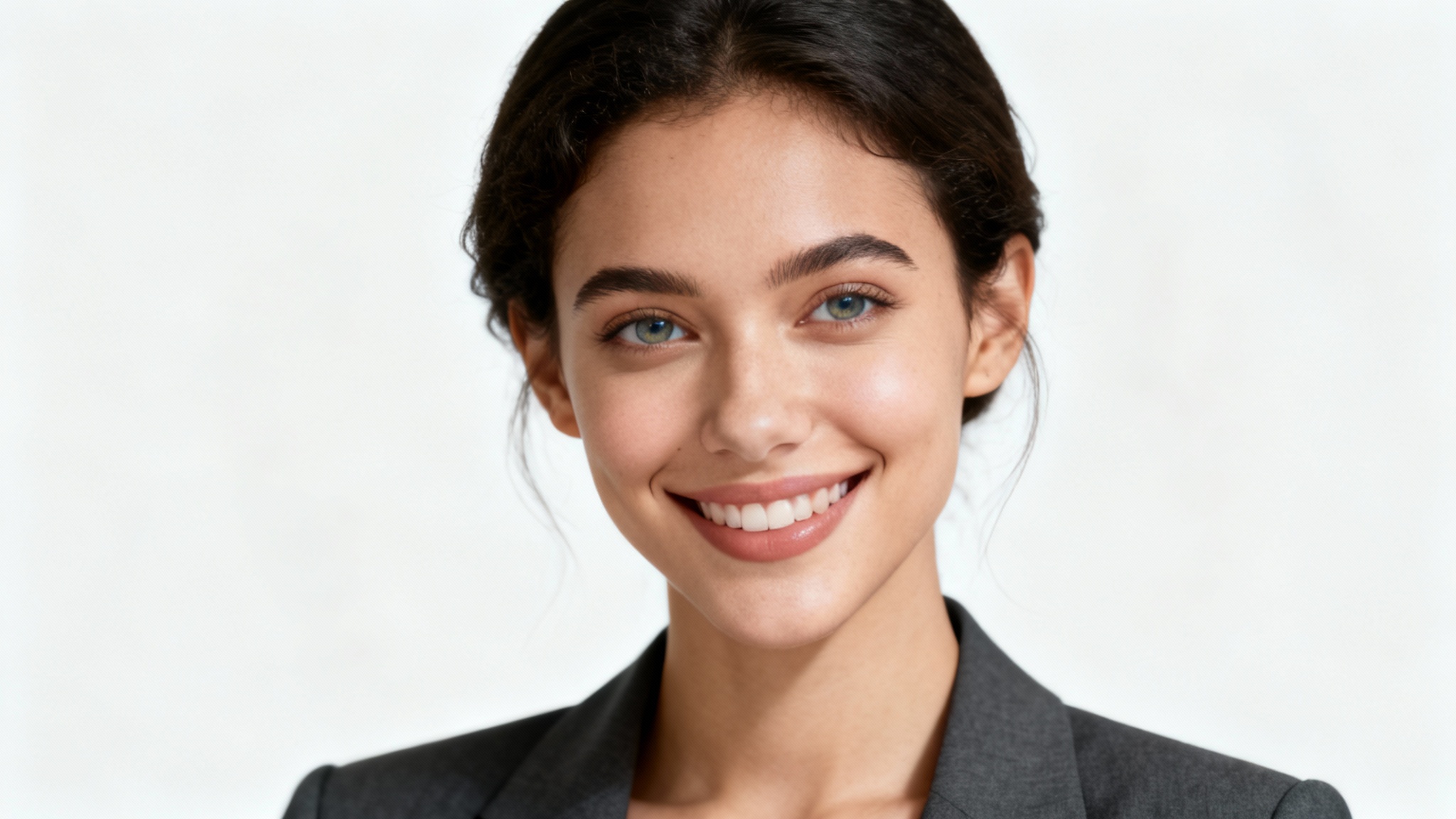 A photorealistic, professional headshot of a confident woman smiling warmly, wearing a blazer against a clean off-white background.