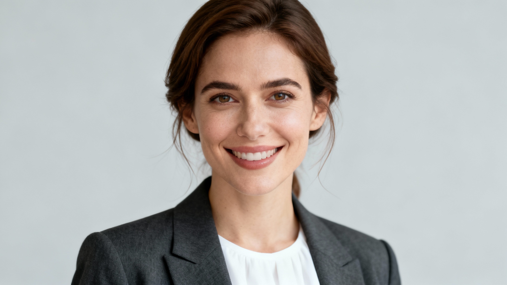 A highly realistic, professional headshot of a smiling woman with brown hair, wearing a blazer against a plain light gray background.