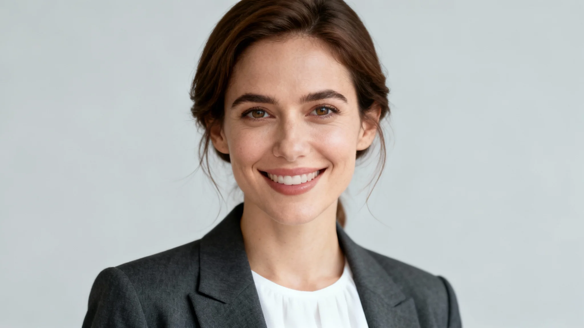 A highly realistic, professional headshot of a smiling woman with brown hair, wearing a blazer against a plain light gray background.