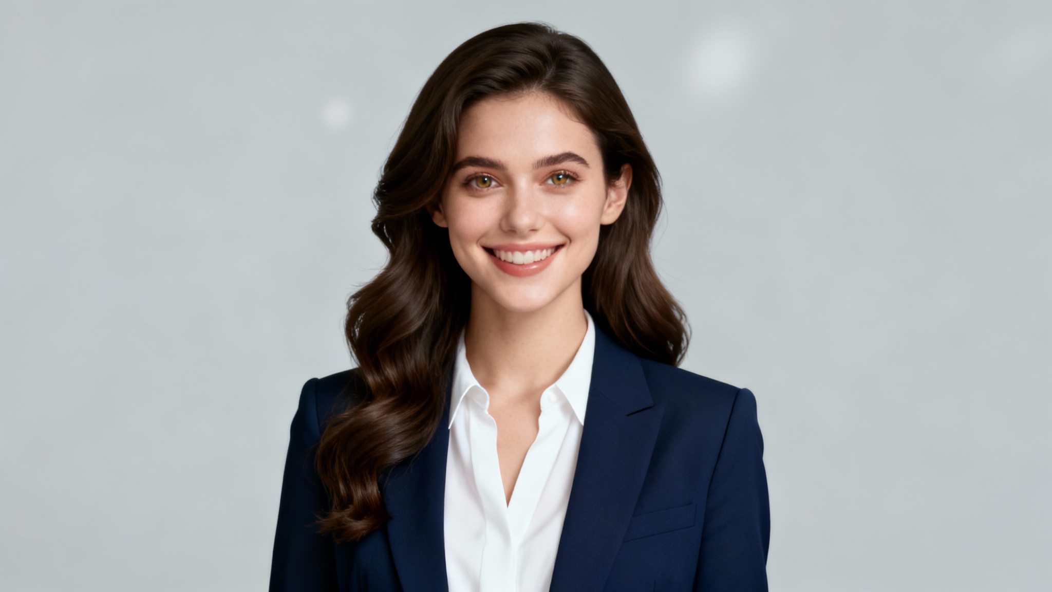 A hyper-realistic corporate headshot of a smiling woman with long brown hair, wearing a navy blazer against a light grey studio background.