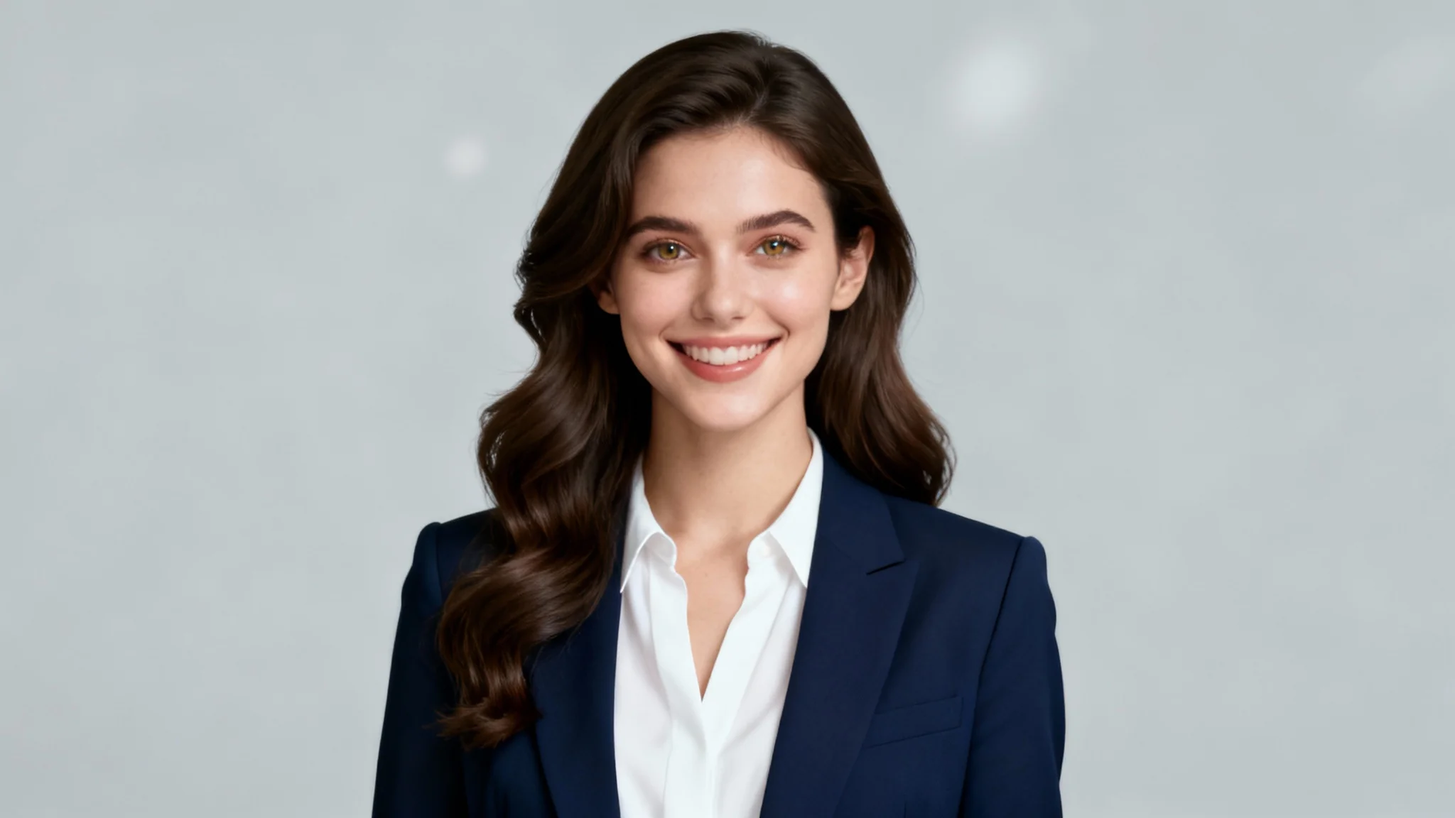 A hyper-realistic corporate headshot of a smiling woman with long brown hair, wearing a navy blazer against a light grey studio background.