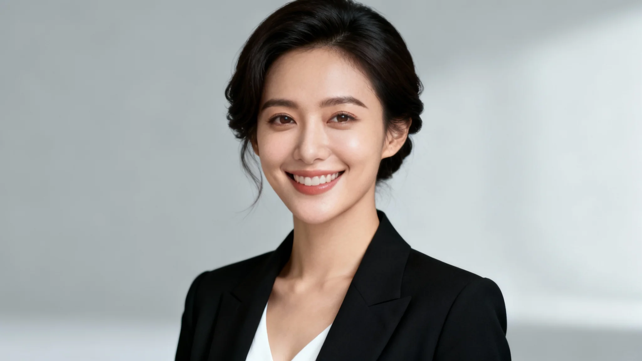 A highly realistic professional headshot of a smiling woman in a black blazer, set against a neutral grey studio background.
