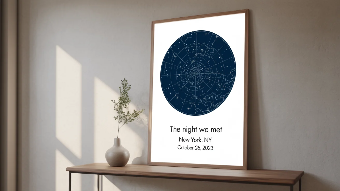 A modern, framed star map print hanging on a wall, showing a custom map of the stars with the text 'THE NIGHT WE MET, New York, NY, October 26, 2023' below it.