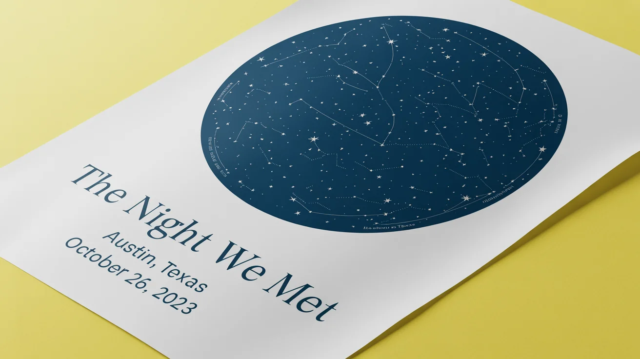 A flat lay mockup of a modern star map poster celebrating a special occasion. The poster has a circular navy blue star chart and text below that reads 'THE NIGHT WE MET', 'AUSTIN, TEXAS', 'OCTOBER 26, 2023'.