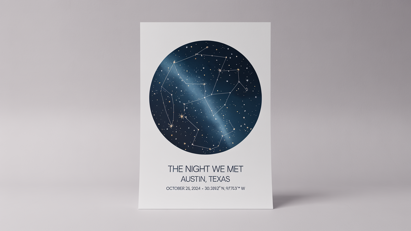 A modern and elegant star map poster mockup on a white background. It features a circular star chart of the night sky with text below that reads 'THE NIGHT WE MET', 'AUSTIN, TEXAS', and 'OCTOBER 26, 2024 - 30.2672° N, 97.7431° W'.