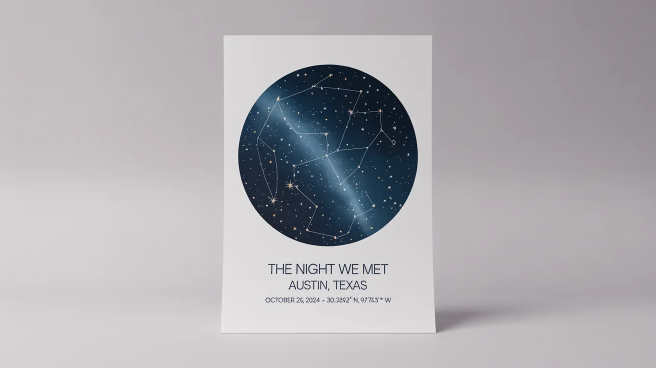 A modern and elegant star map poster mockup on a white background. It features a circular star chart of the night sky with text below that reads 'THE NIGHT WE MET', 'AUSTIN, TEXAS', and 'OCTOBER 26, 2024 - 30.2672° N, 97.7431° W'.