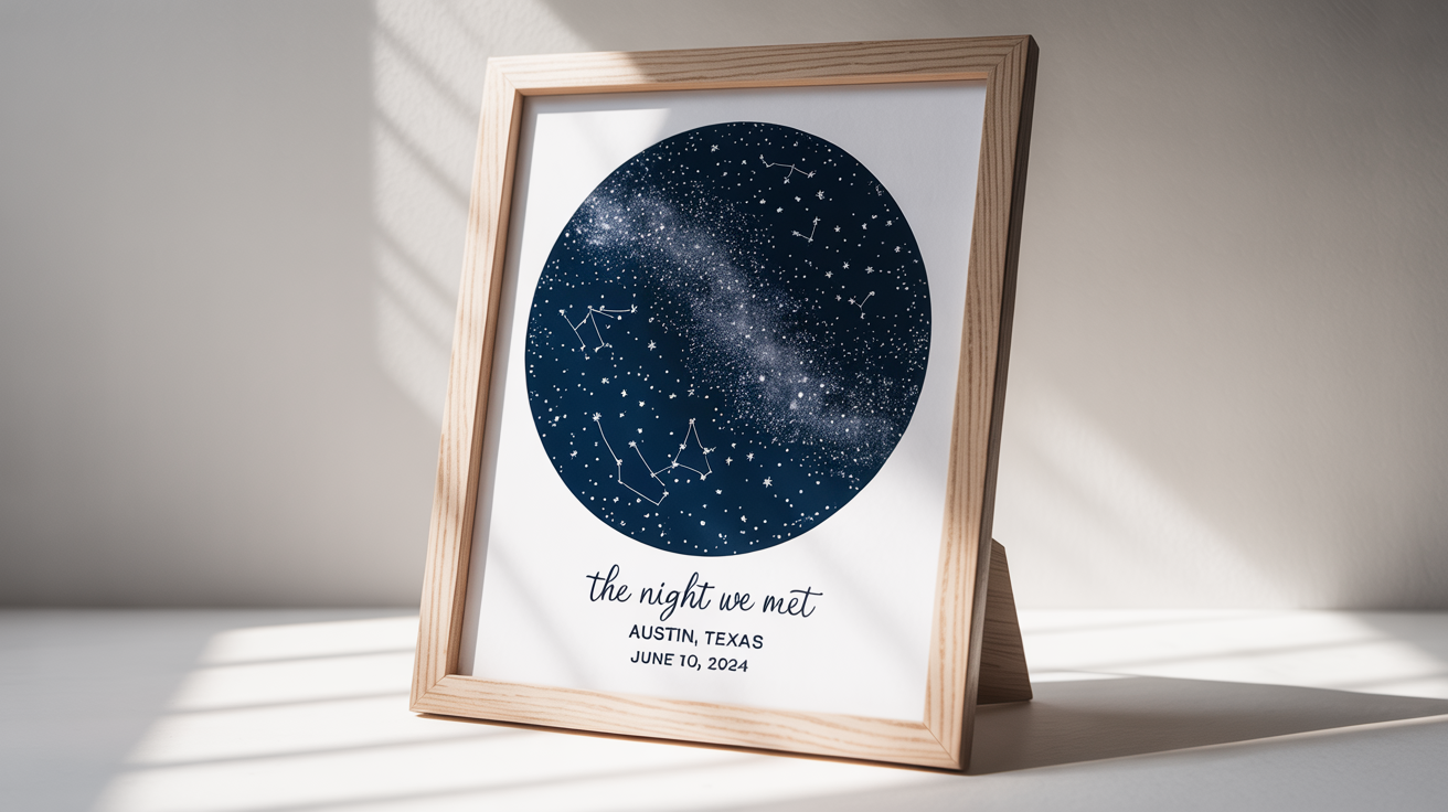 A framed custom star map print showing constellations against a navy blue background, with the text 'The Night We Met, Austin, Texas, June 10, 2024'.