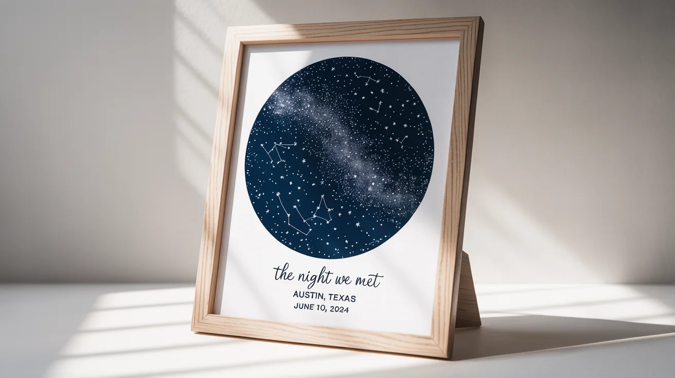 A framed custom star map print showing constellations against a navy blue background, with the text 'The Night We Met, Austin, Texas, June 10, 2024'.