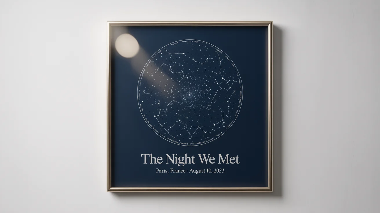 A custom star map print showing constellations against a navy blue background. Below the map, it says 'THE NIGHT WE MET' and 'PARIS, FRANCE - AUGUST 10, 2023'. The print is on a white background.