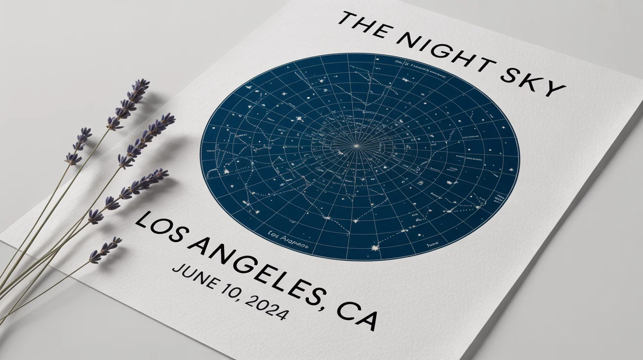A beautiful custom star map print displayed on a white background. The circular map shows constellations against a dark blue sky, with text below reading 'THE NIGHT SKY', 'LOS ANGELES, CA', and 'JUNE 10, 2024'.