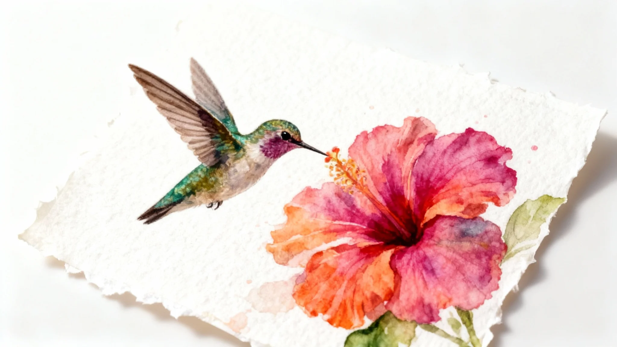 A vibrant watercolor painting of a green hummingbird and a pink hibiscus flower, showcasing the rich texture of the watercolor paper underneath.