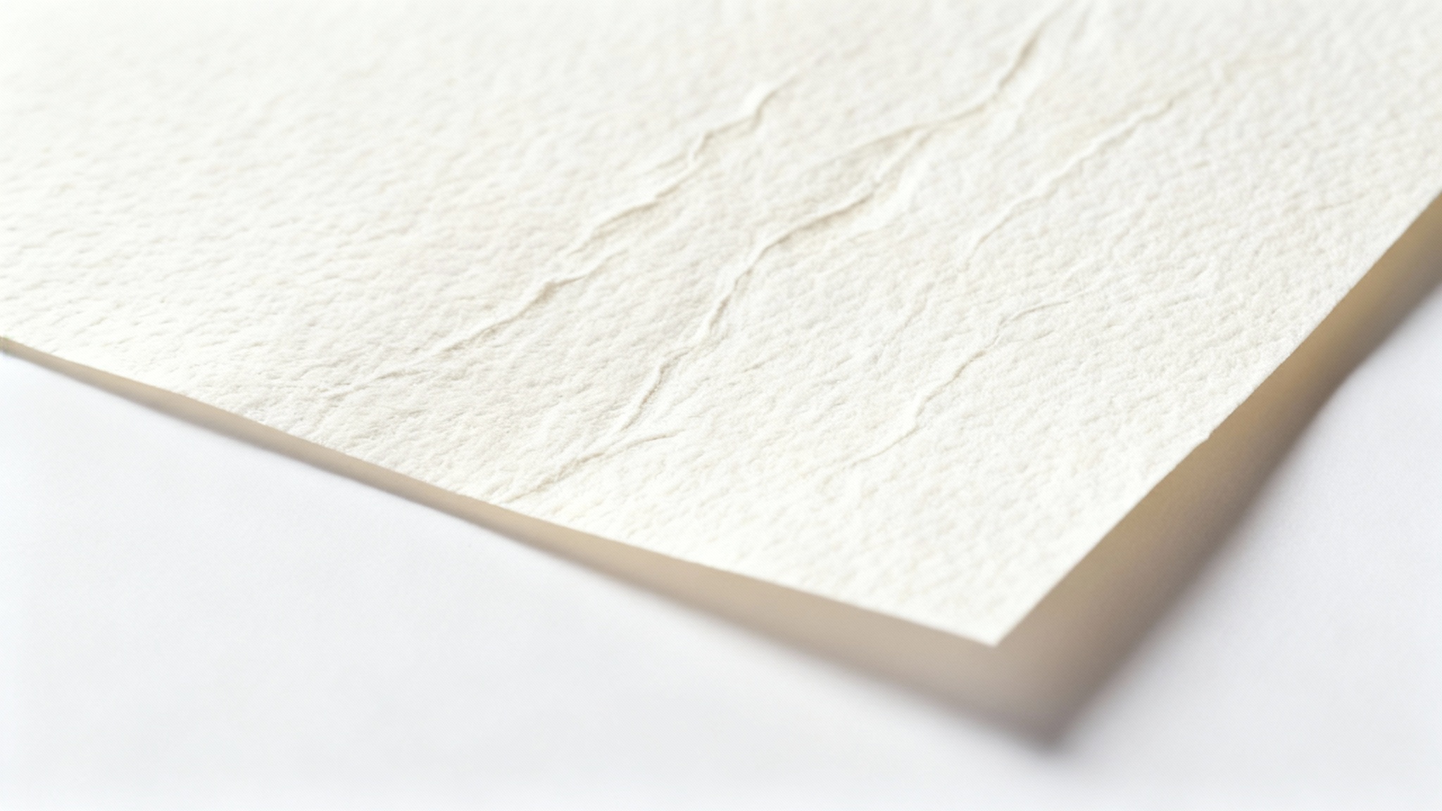 A detailed macro photograph of a sheet of textured, off-white watercolor paper on a clean white background, highlighting its rough grain and fibrous quality.