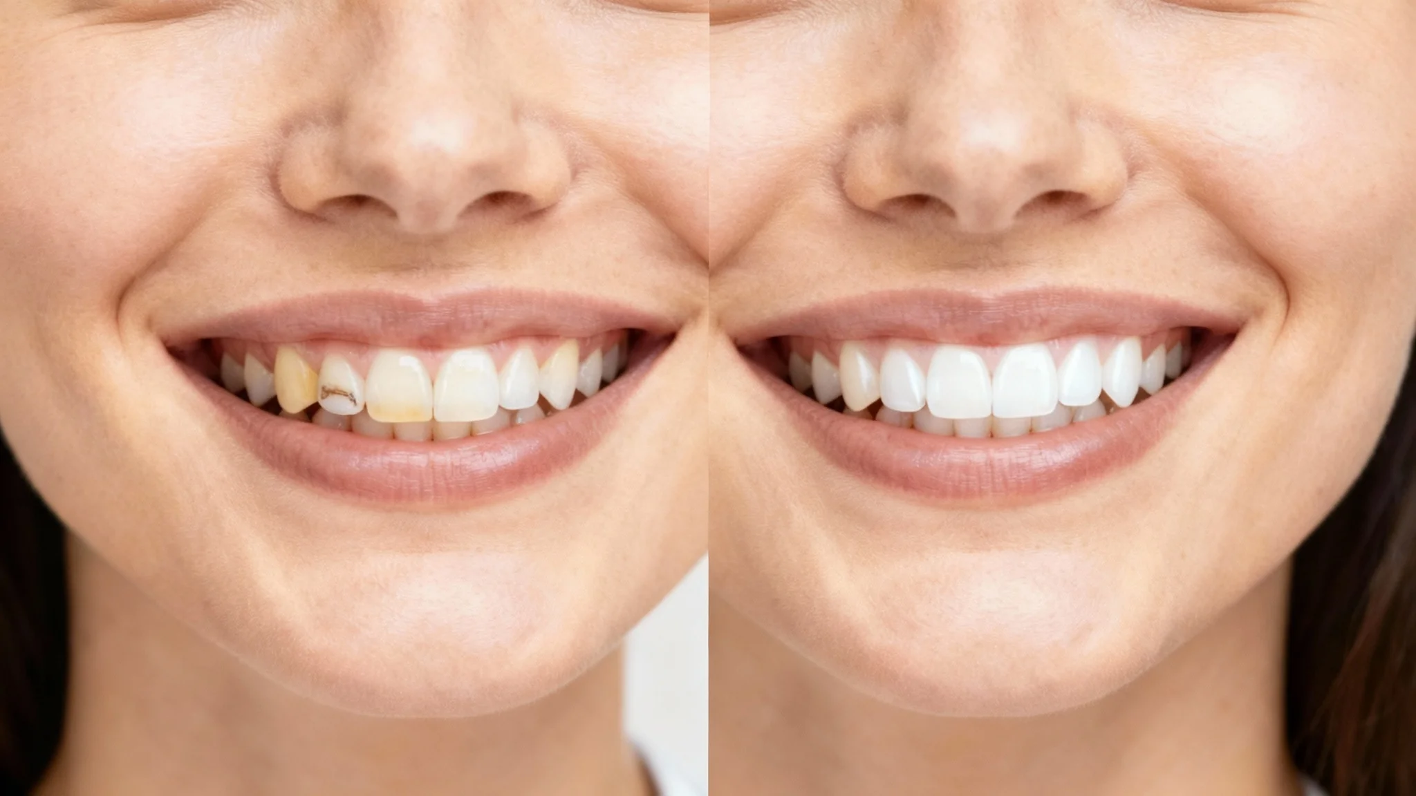 A side-by-side comparison of a woman's smile before and after veneers. The 'before' image shows stained and slightly crooked teeth, while the 'after' image displays a perfect, bright white smile.