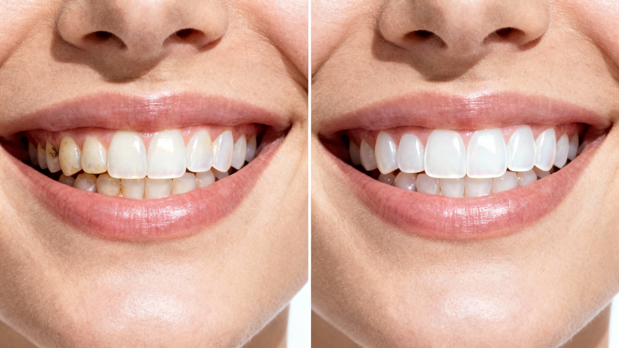 A split-image close-up of a smile, showing a before and after comparison of teeth with and without veneers. The 'before' side shows natural, slightly imperfect teeth, and the 'after' side shows a perfect, white, straight smile with veneers.
