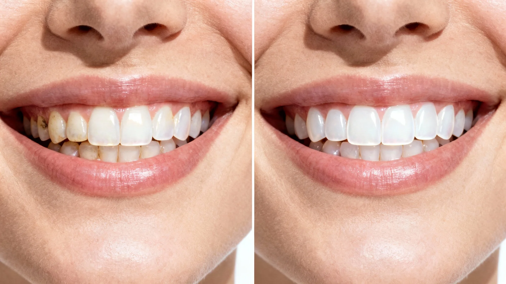 A split-image close-up of a smile, showing a before and after comparison of teeth with and without veneers. The 'before' side shows natural, slightly imperfect teeth, and the 'after' side shows a perfect, white, straight smile with veneers.