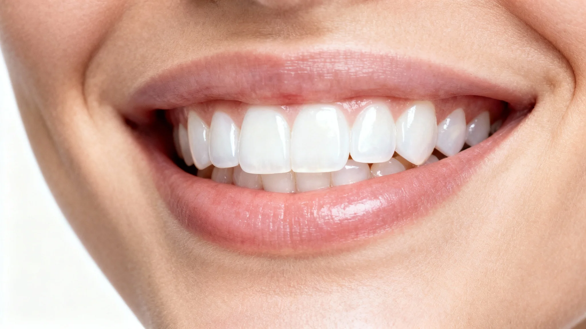 A hyper-realistic close-up of a perfect, bright white smile, demonstrating the result of high-quality dental veneers against a plain white background.