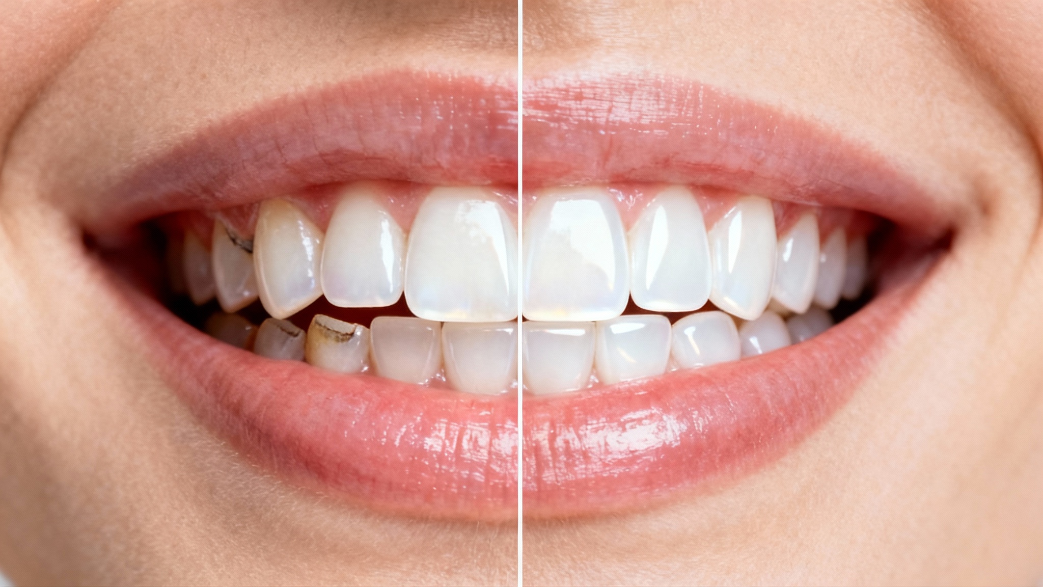 A close-up, split-screen image showing the before and after of dental veneers. The left side displays natural, slightly yellowed teeth, while the right side shows the same smile transformed with perfectly white, straight veneers.