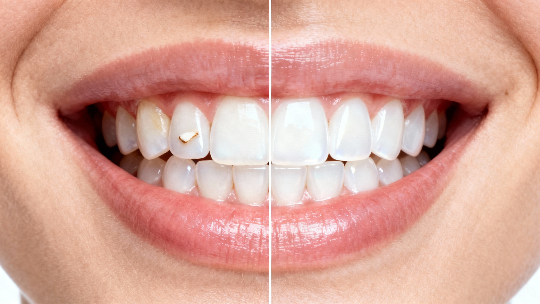 A close-up image showing a before-and-after comparison of teeth with veneers. The left side shows natural, slightly imperfect teeth, while the right side displays a perfect, white smile with dental veneers.