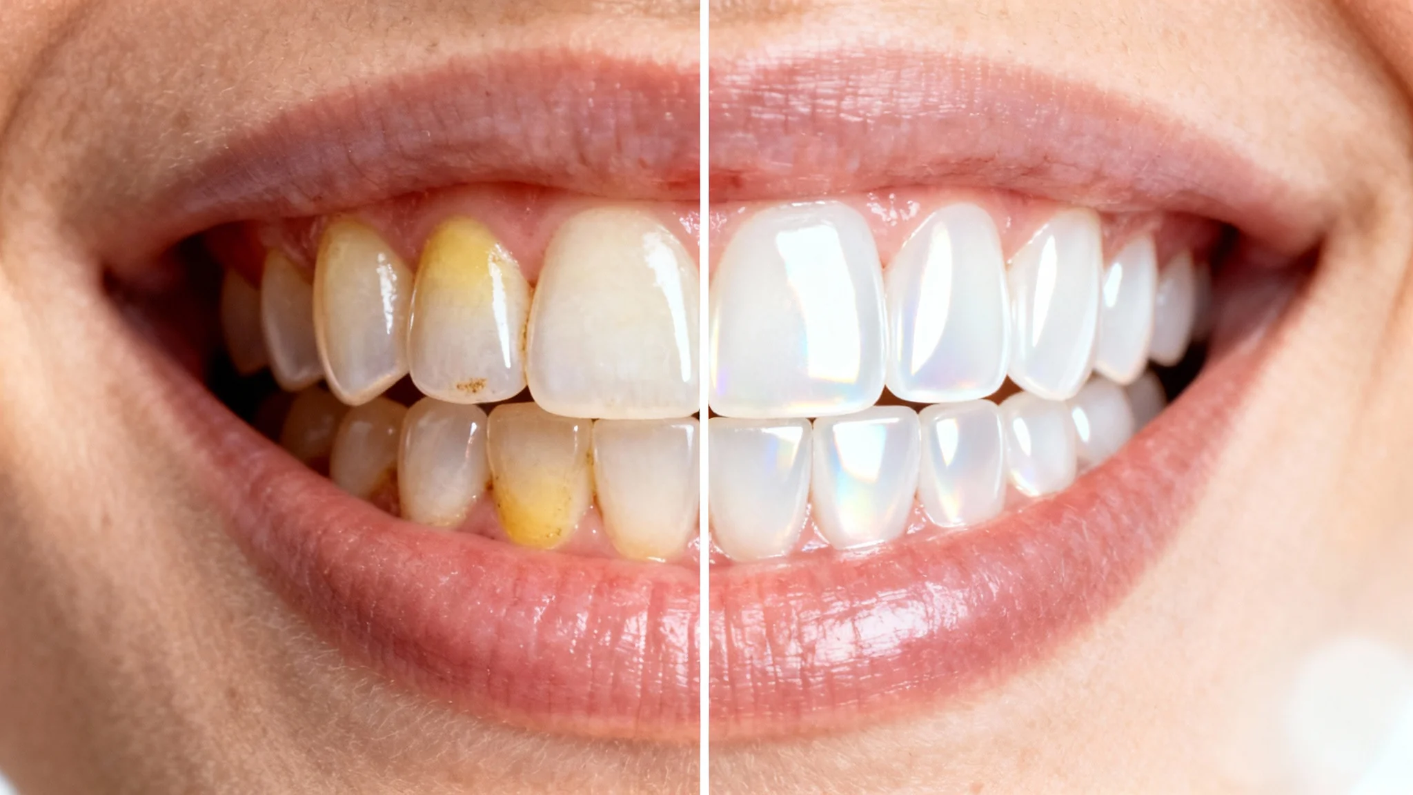 A split-screen close-up of a smile, showing a before and after comparison of dental veneers. The left side shows natural, imperfect teeth, and the right side shows perfect, white veneers.