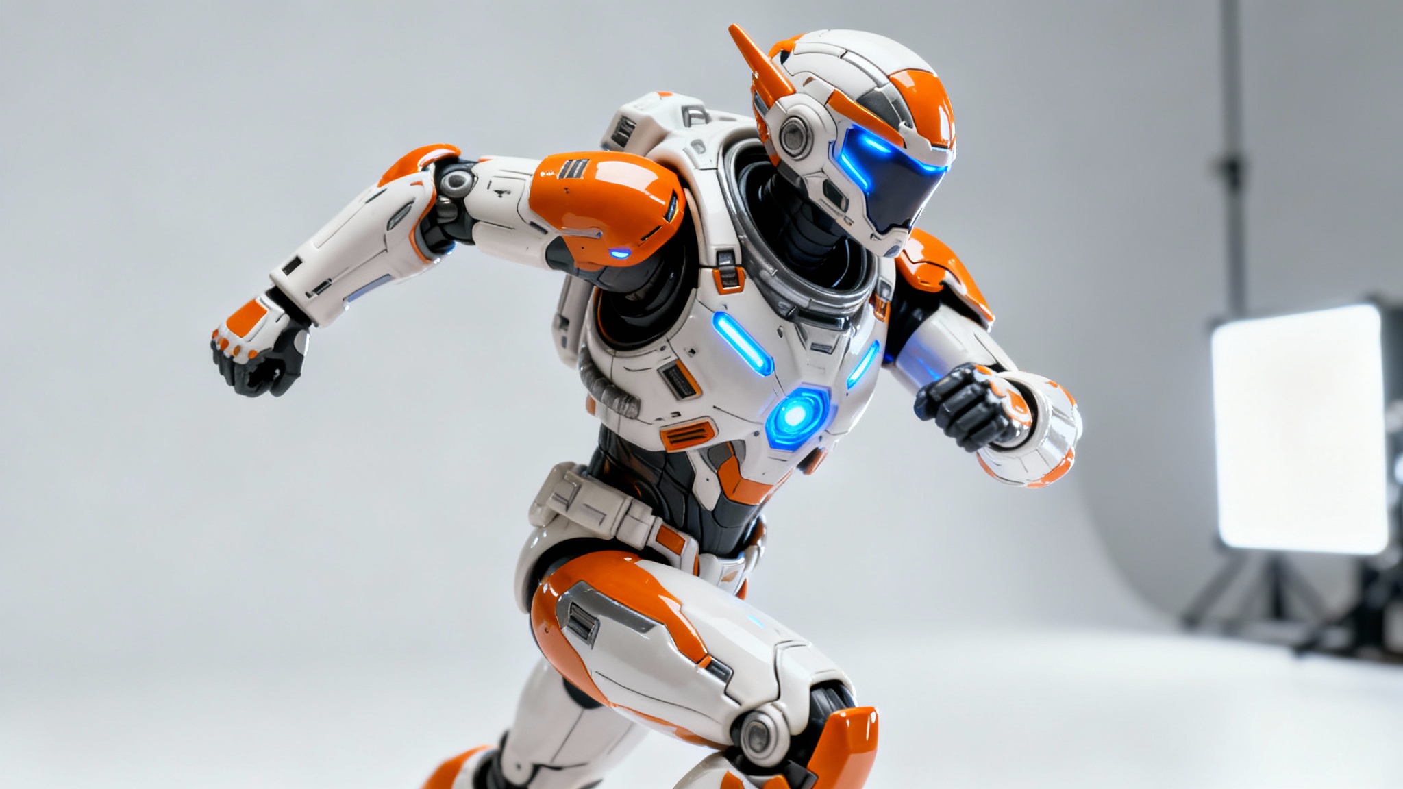 A high-quality, professional photograph of a futuristic space explorer action figure in a dynamic pose against a clean studio background, showcasing the final product of the design tool.