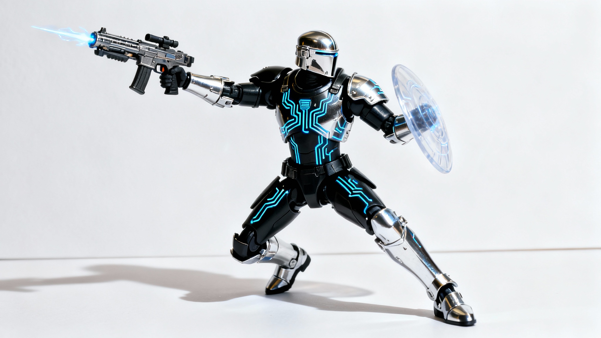 A professional product photograph of a dynamically posed futuristic knight action figure with glowing blue details, holding a plasma rifle against a clean white background.