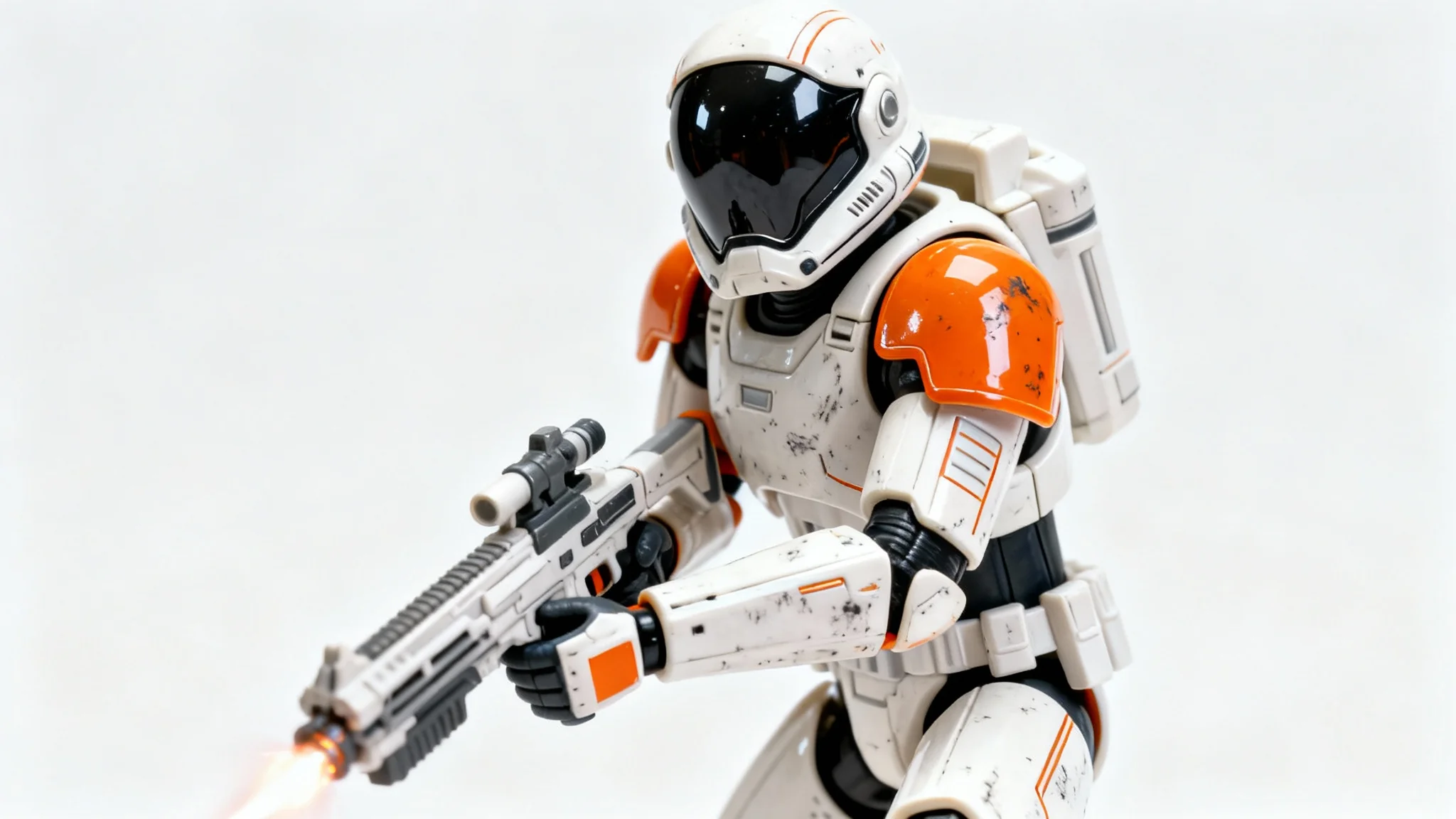 A hyper-realistic studio shot of a futuristic space marine action figure in white and orange armor, posed dynamically against a stark white background.