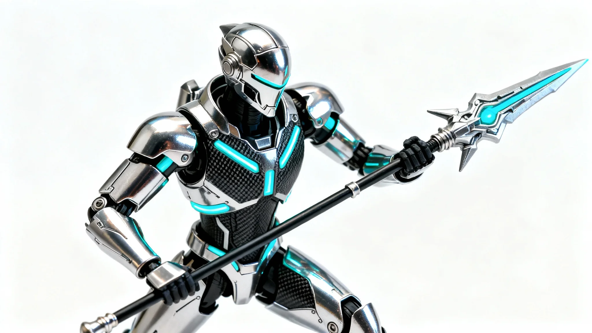 A photorealistic mockup of a futuristic sci-fi paladin action figure in a dynamic pose, holding an energy spear against a stark white background.