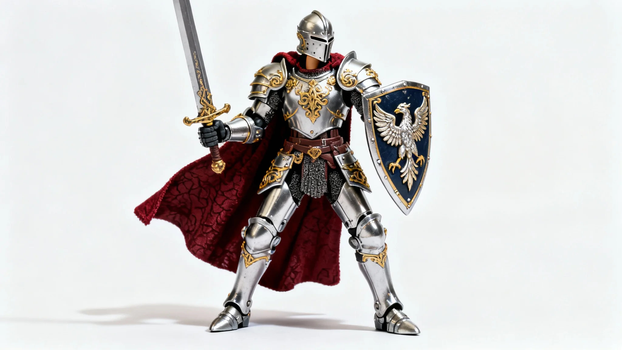 A photorealistic product shot of a fantasy knight action figure in detailed silver and gold armor with a red cape, posed dynamically against a stark white background.