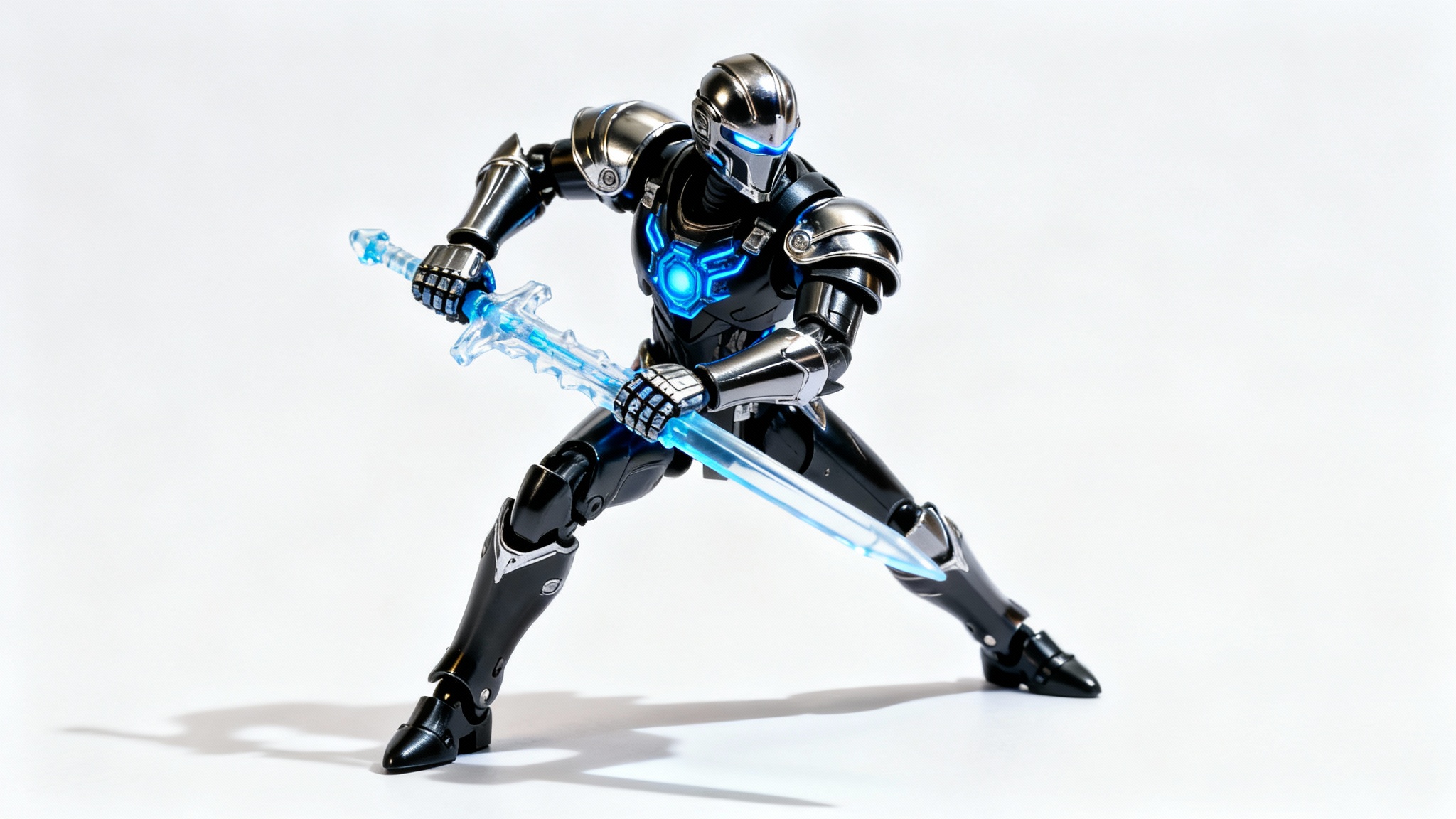 A photorealistic action figure of a futuristic knight in chrome and black armor, holding a glowing blue energy sword and posed dynamically on a clean white background.
