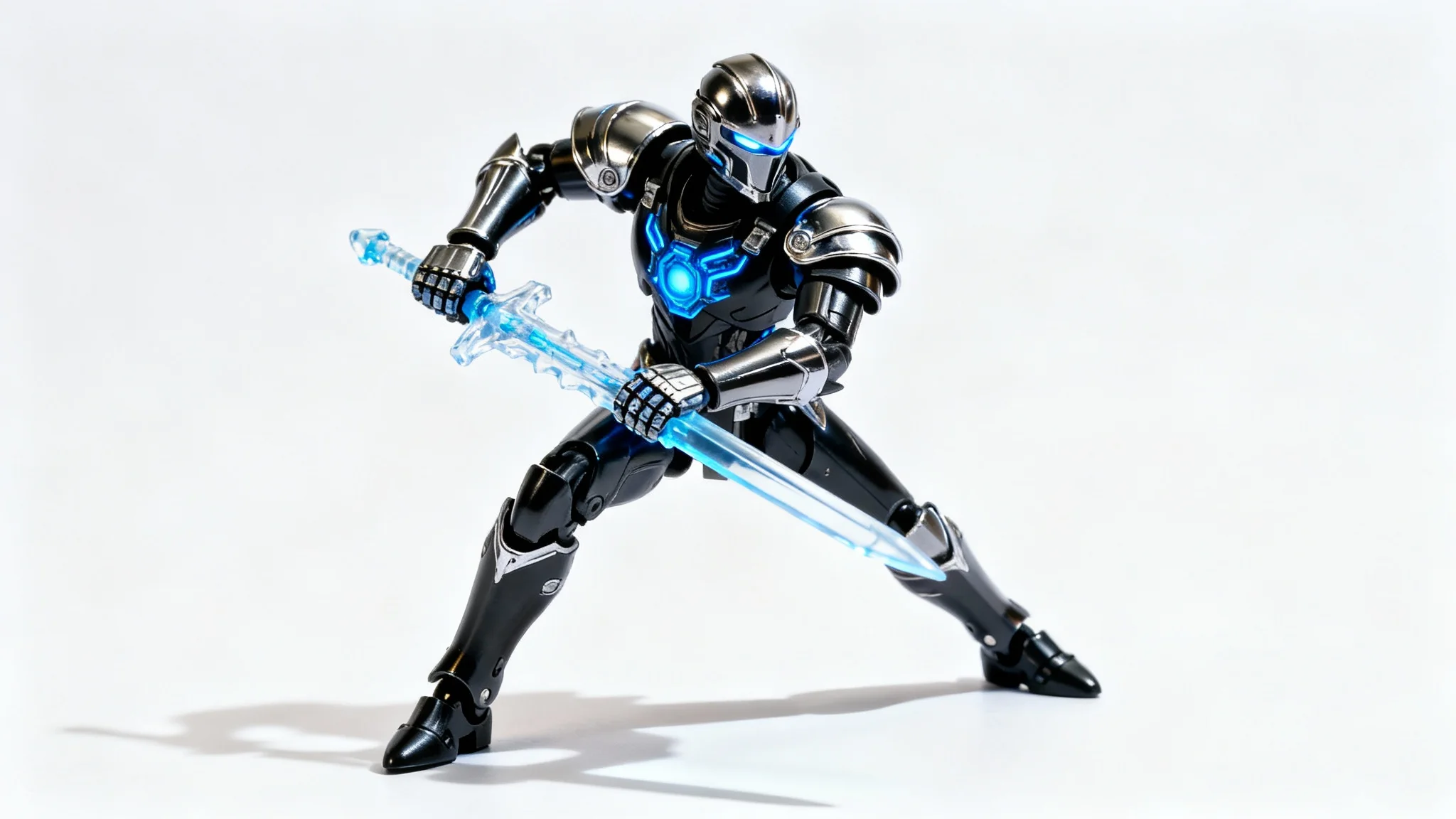 A photorealistic action figure of a futuristic knight in chrome and black armor, holding a glowing blue energy sword and posed dynamically on a clean white background.