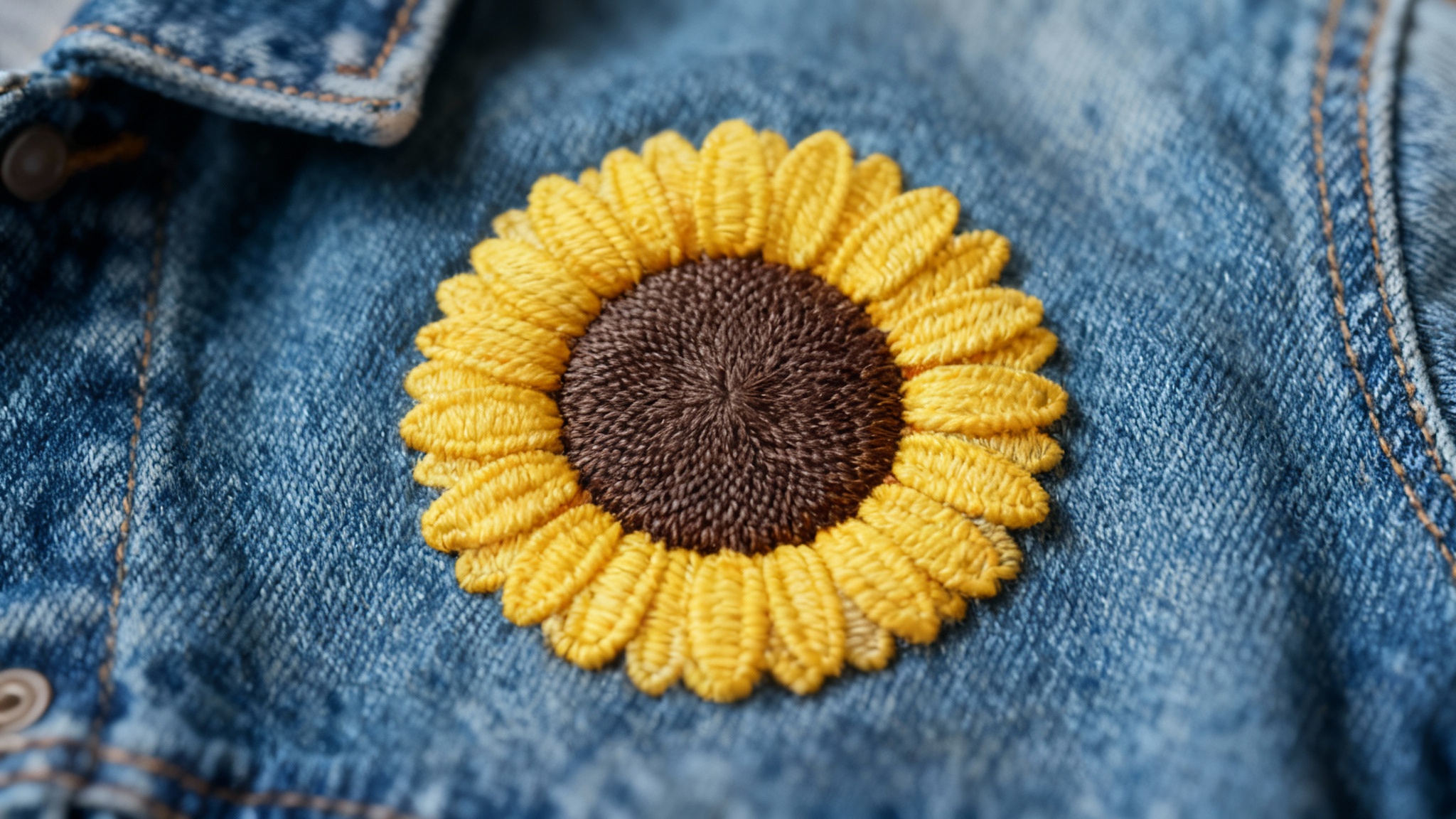 A close-up photo of a beautifully embroidered sunflower patch stitched onto the pocket of a denim jacket, showcasing the vibrant yellow and brown threads.