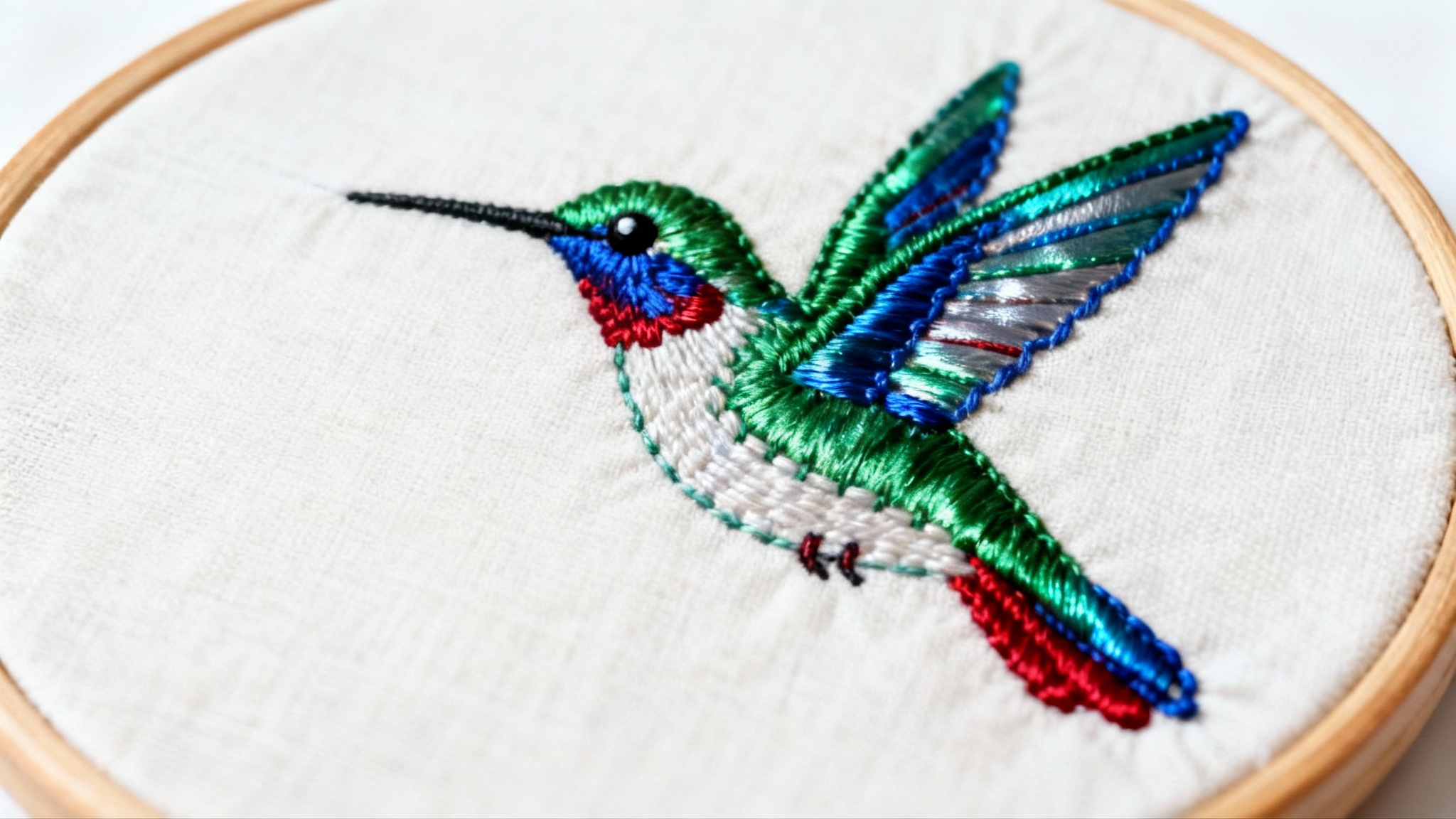 A close-up, photorealistic mockup of a detailed hand embroidery project featuring a vibrant, iridescent hummingbird, held in a wooden hoop against a crisp white background.
