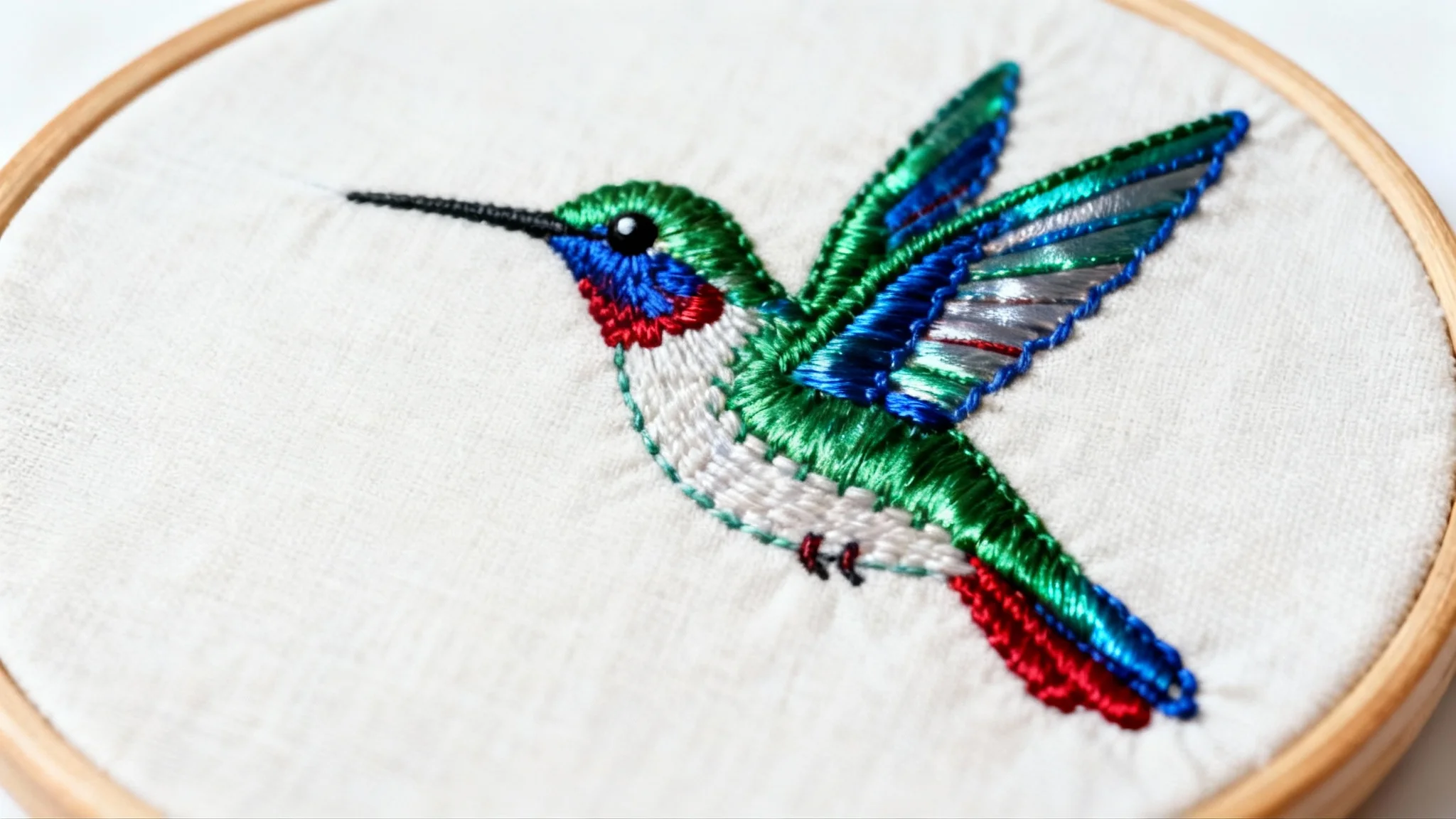 A close-up, photorealistic mockup of a detailed hand embroidery project featuring a vibrant, iridescent hummingbird, held in a wooden hoop against a crisp white background.