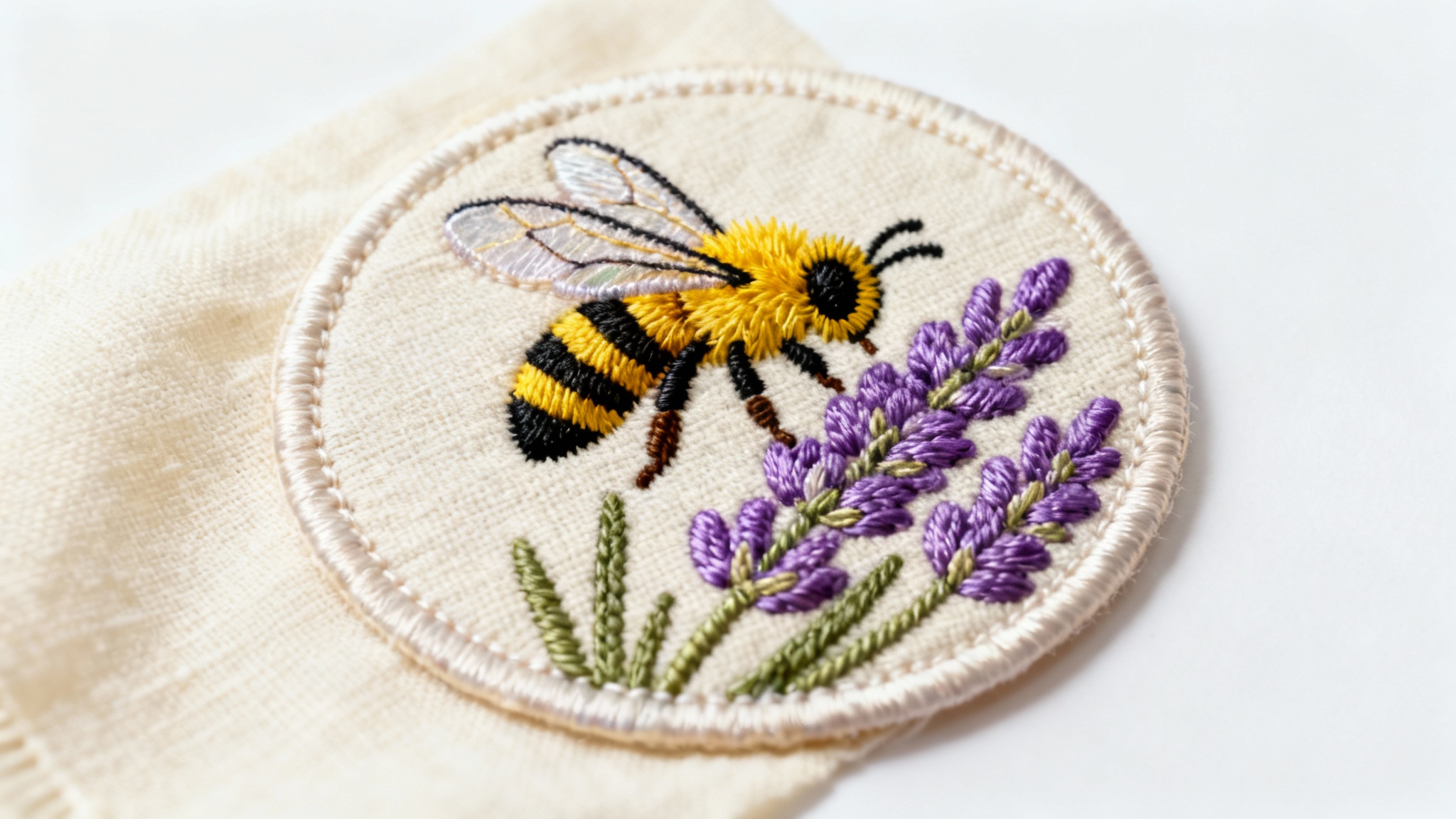 A detailed close-up of a circular embroidered patch showing a vibrant honeybee on a lavender flower, highlighting the intricate threadwork and texture, on a clean white background.
