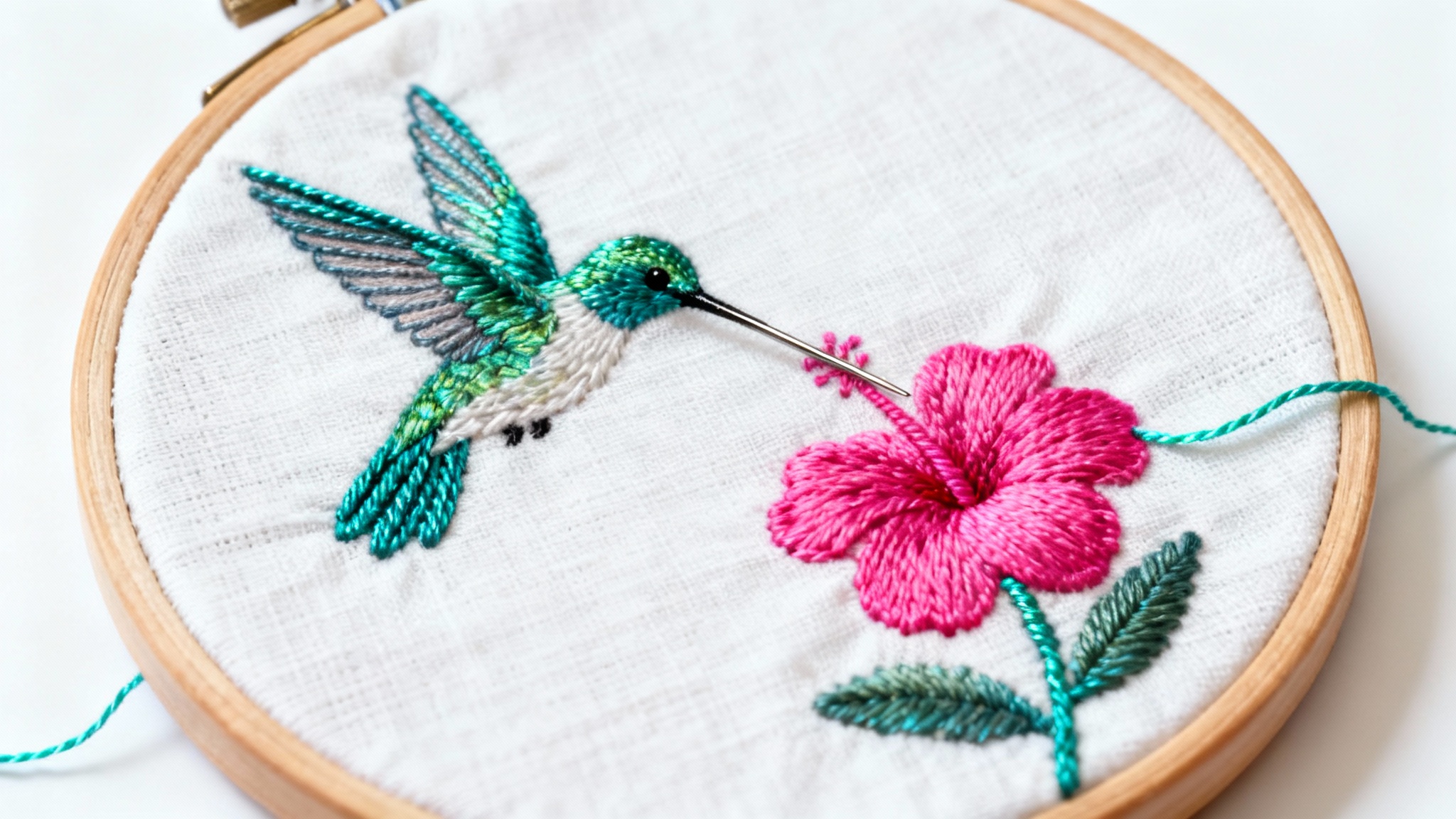 A close-up, photorealistic image of a detailed hummingbird being embroidered onto linen fabric held by a wooden hoop, set against a stark white background.