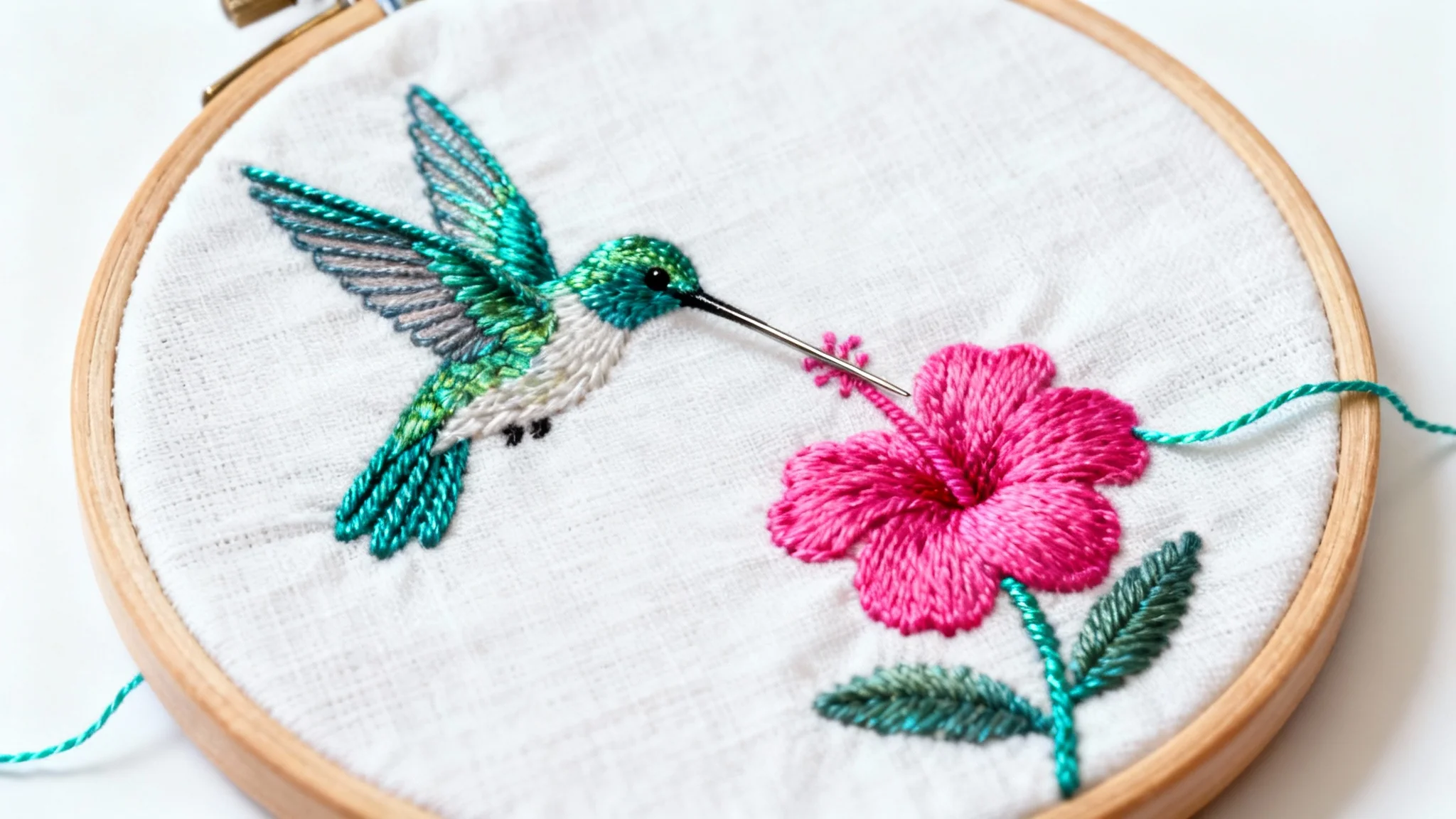 A close-up, photorealistic image of a detailed hummingbird being embroidered onto linen fabric held by a wooden hoop, set against a stark white background.