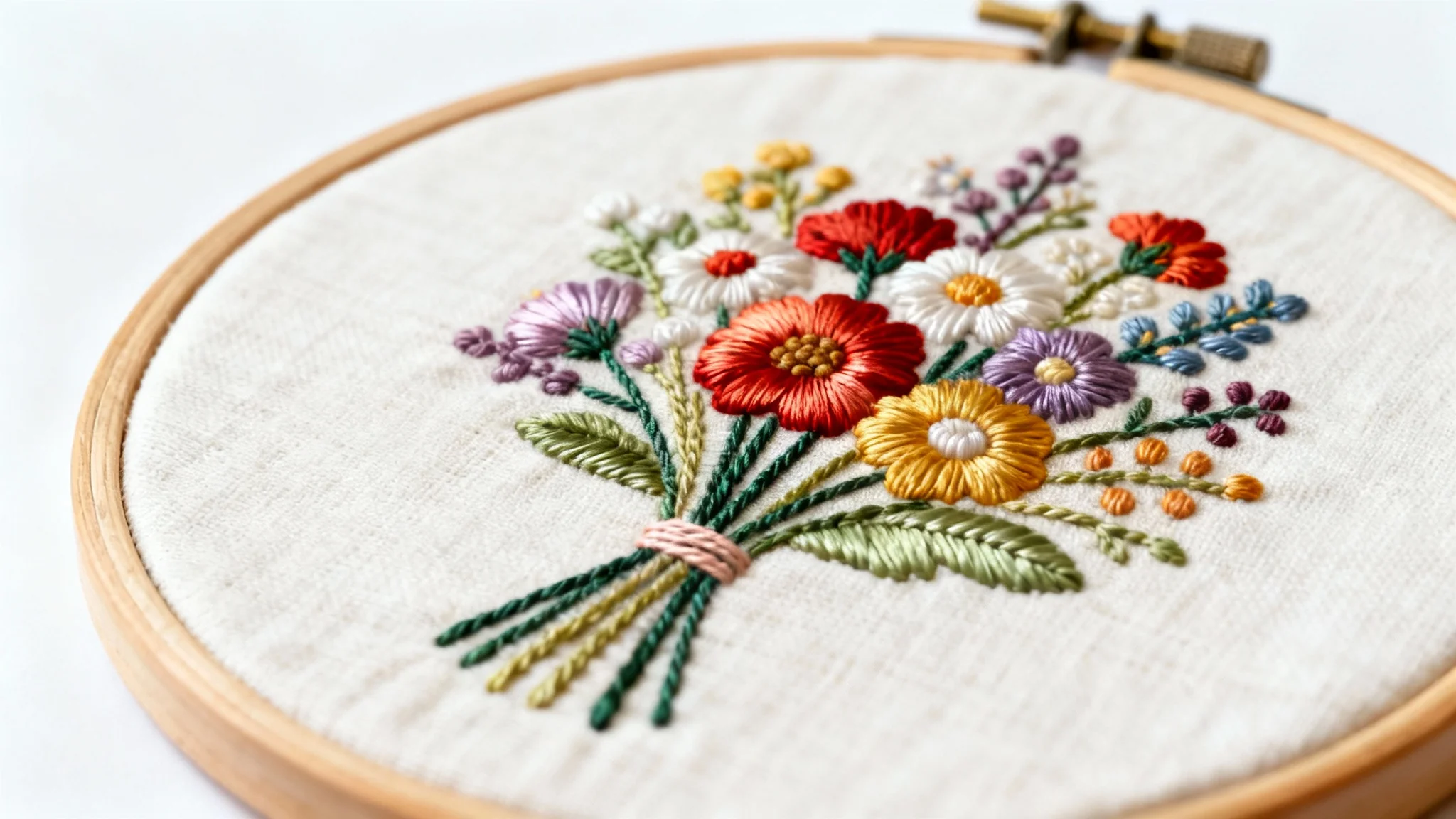 A close-up shot of a detailed floral embroidery design on linen fabric, held within a wooden embroidery hoop, set against a clean white background.